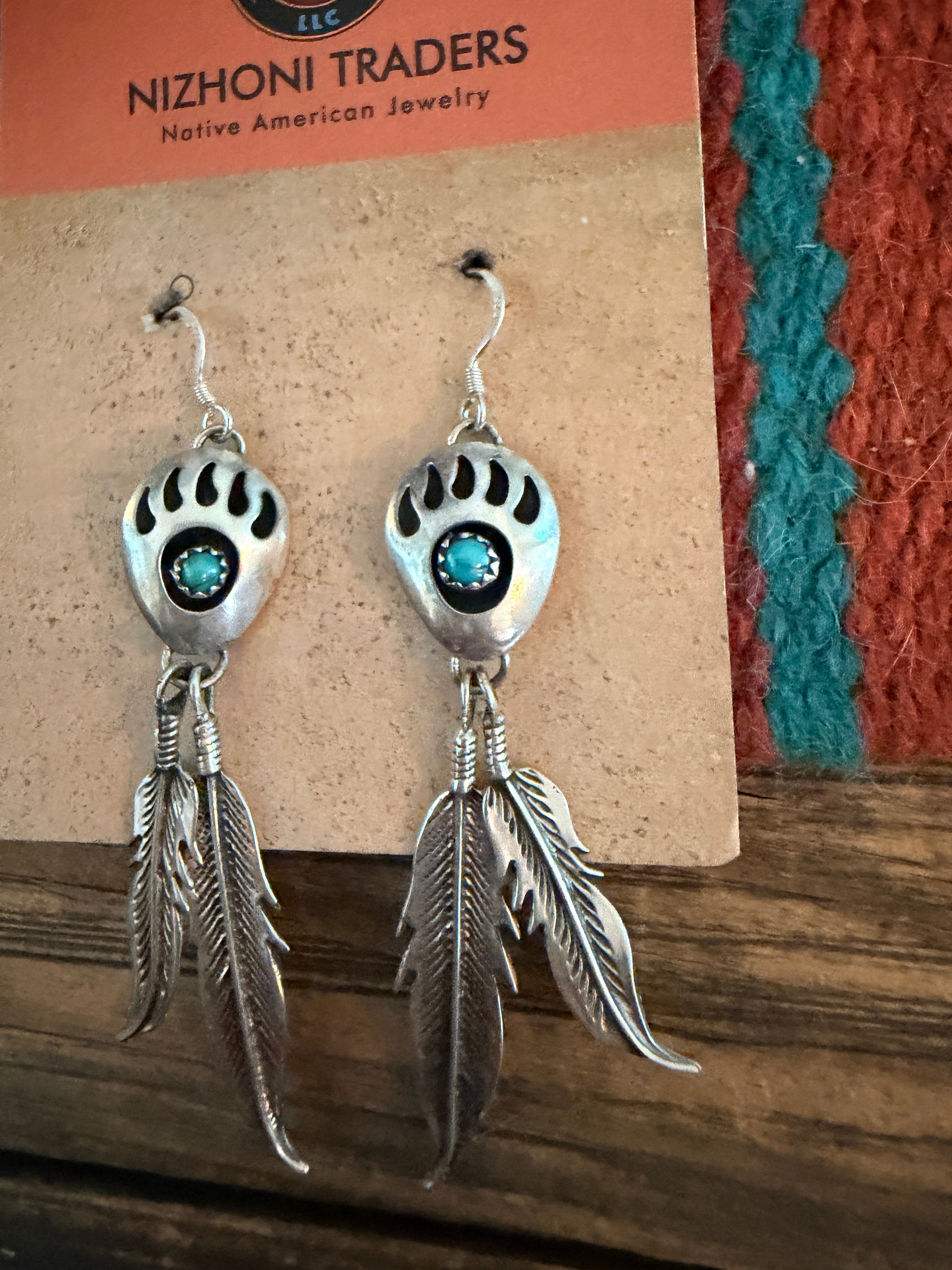 Handcrafted Turquoise & Sterling Silver Bear Paw Feather Dangle Earrings