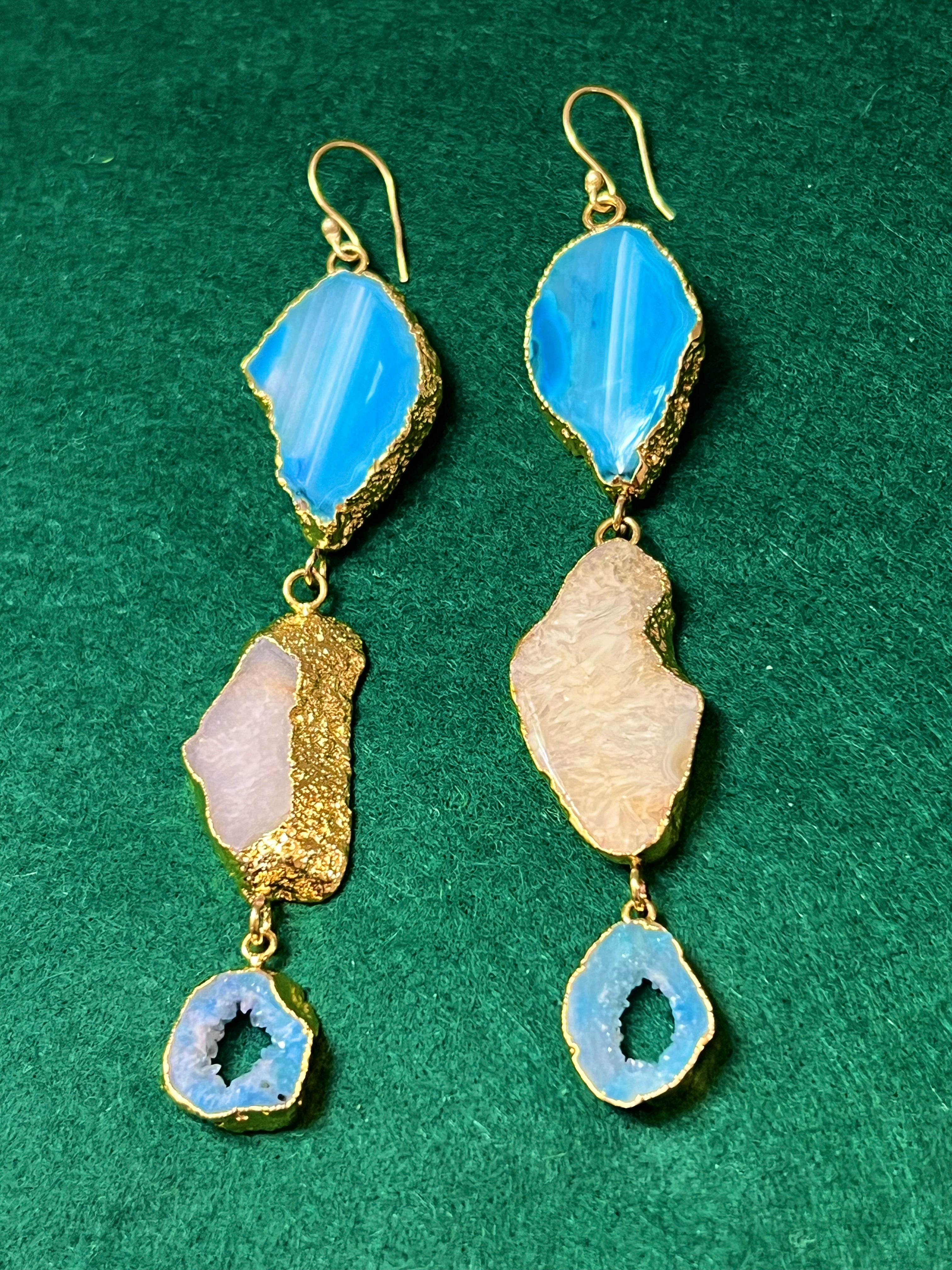 Handmade 14k Gold Druzy Plated Brass 3-Stone White & Blue Geode Dangle Wire Earrings