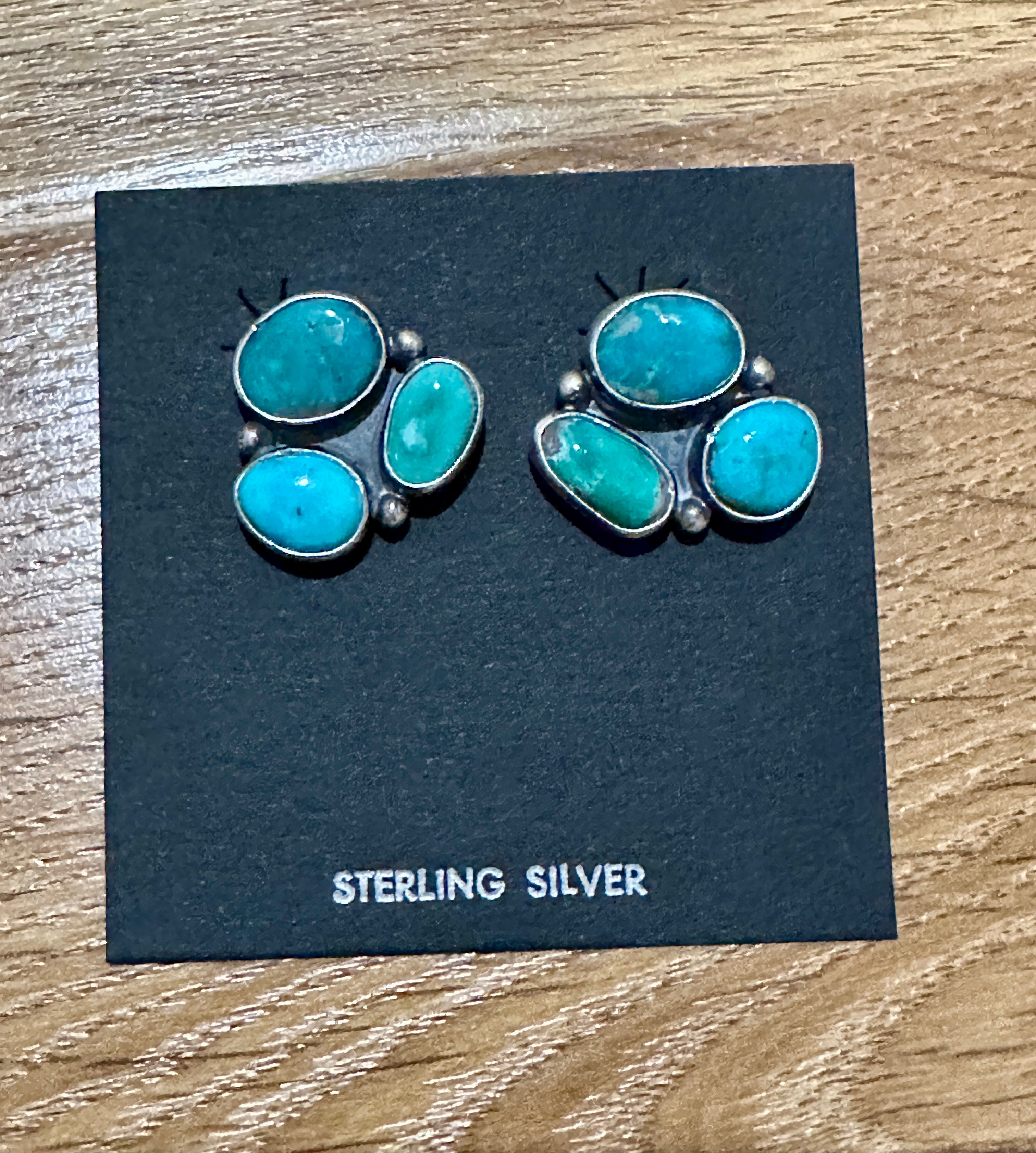 Handcrafted Sterling Silver & Turquoise 3 Stone Post Earrings