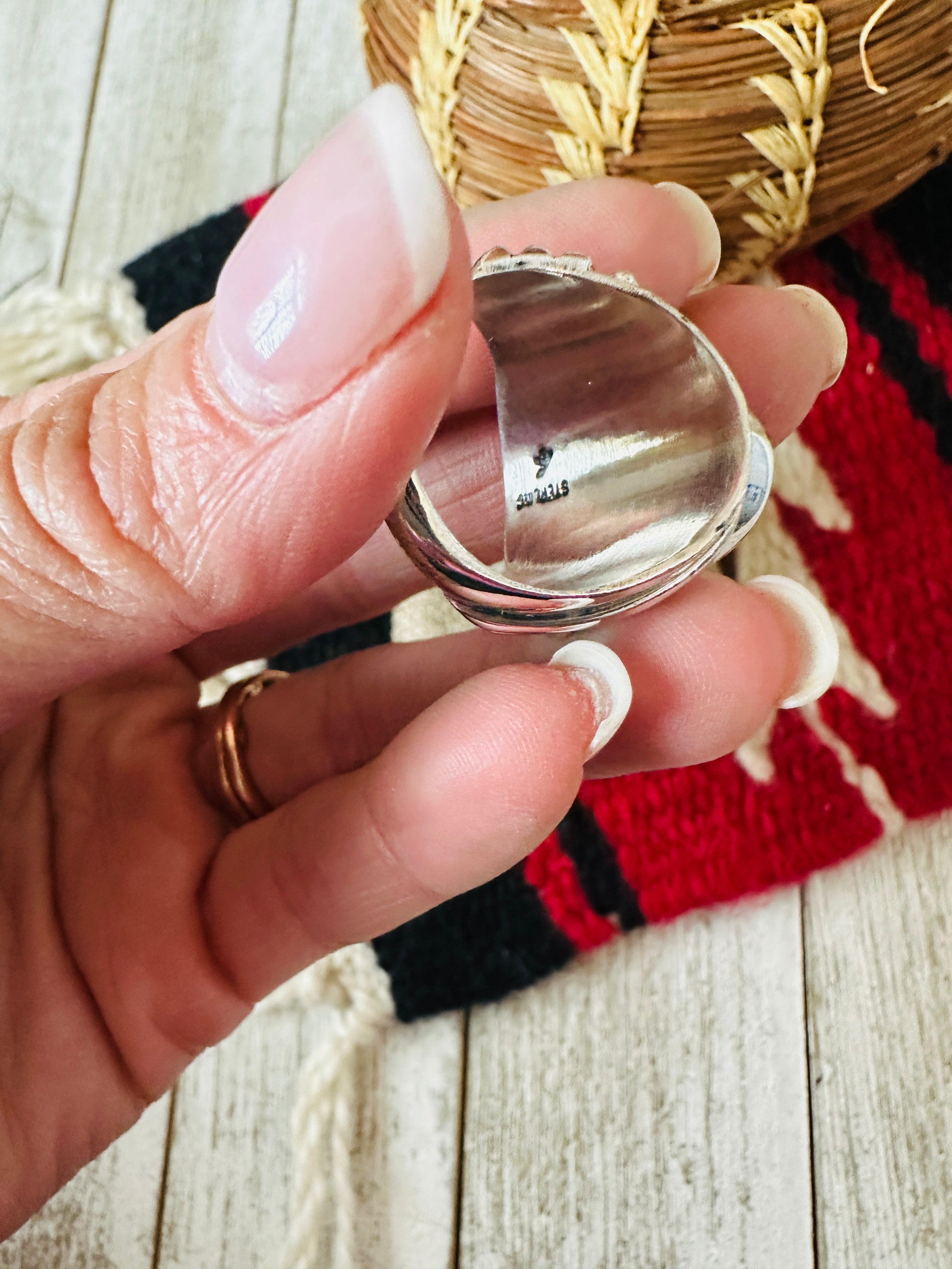 Handcrafted Turquoise & Sterling Silver Cigar Band Ring Size 9.5