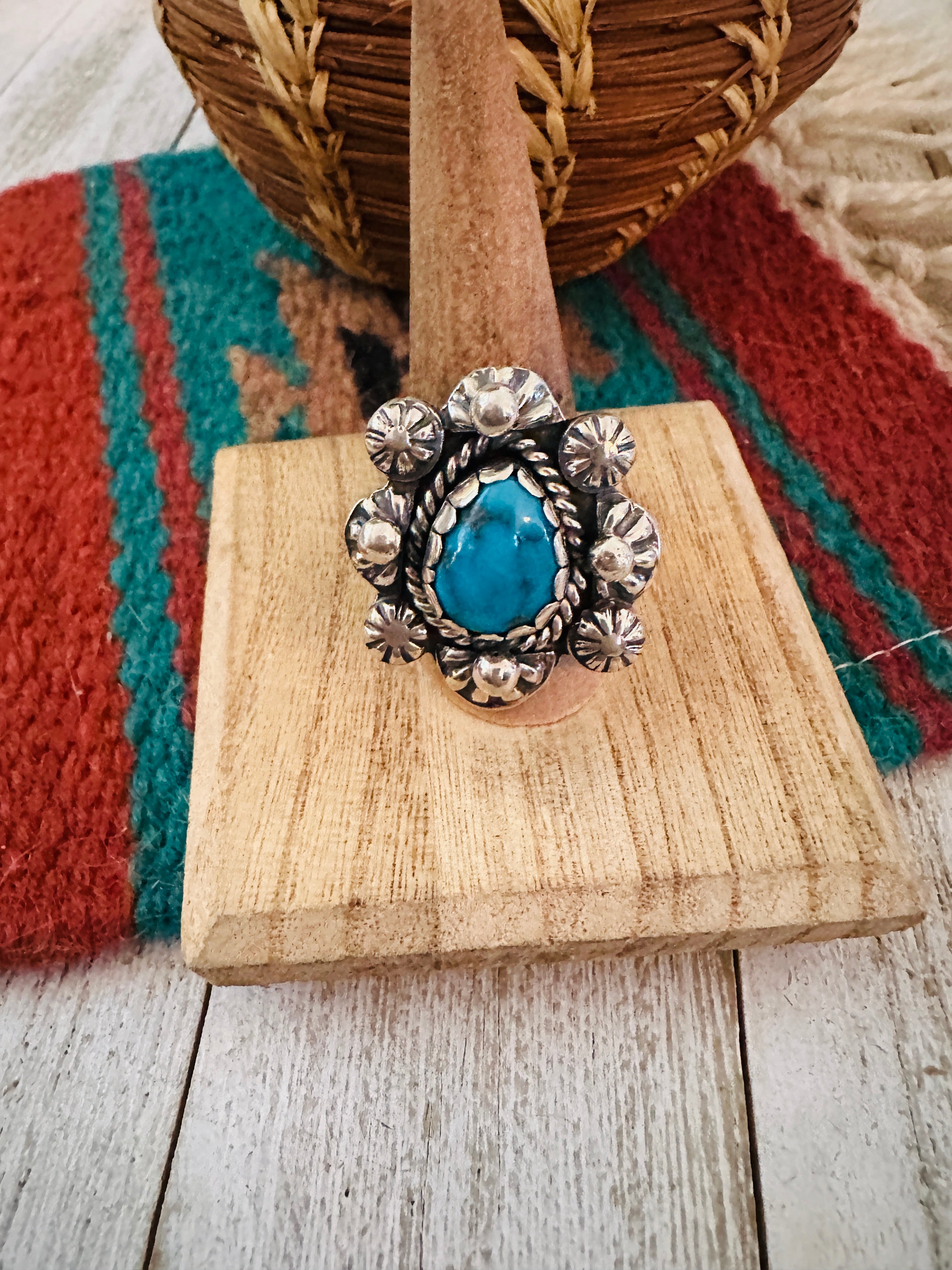 Navajo Turquoise Ladies hot Pointer Ring Two Stone Style Sterling 0106