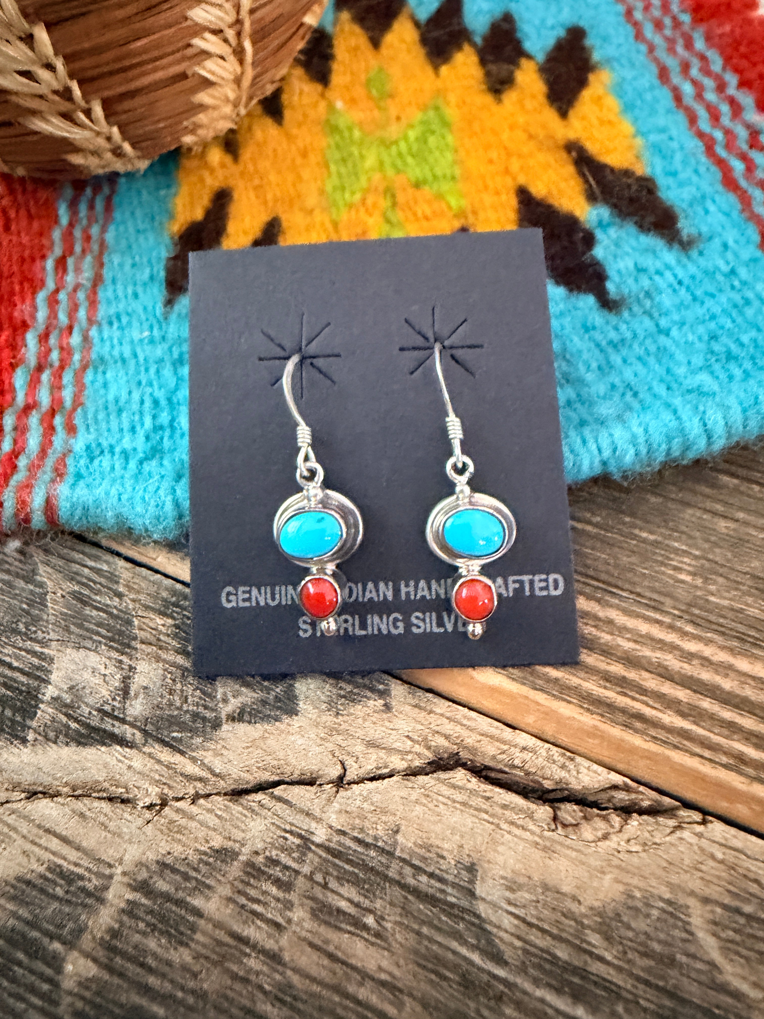 Handcrafted Turquoise, Coral & Sterling Silver Dangle Earrings
