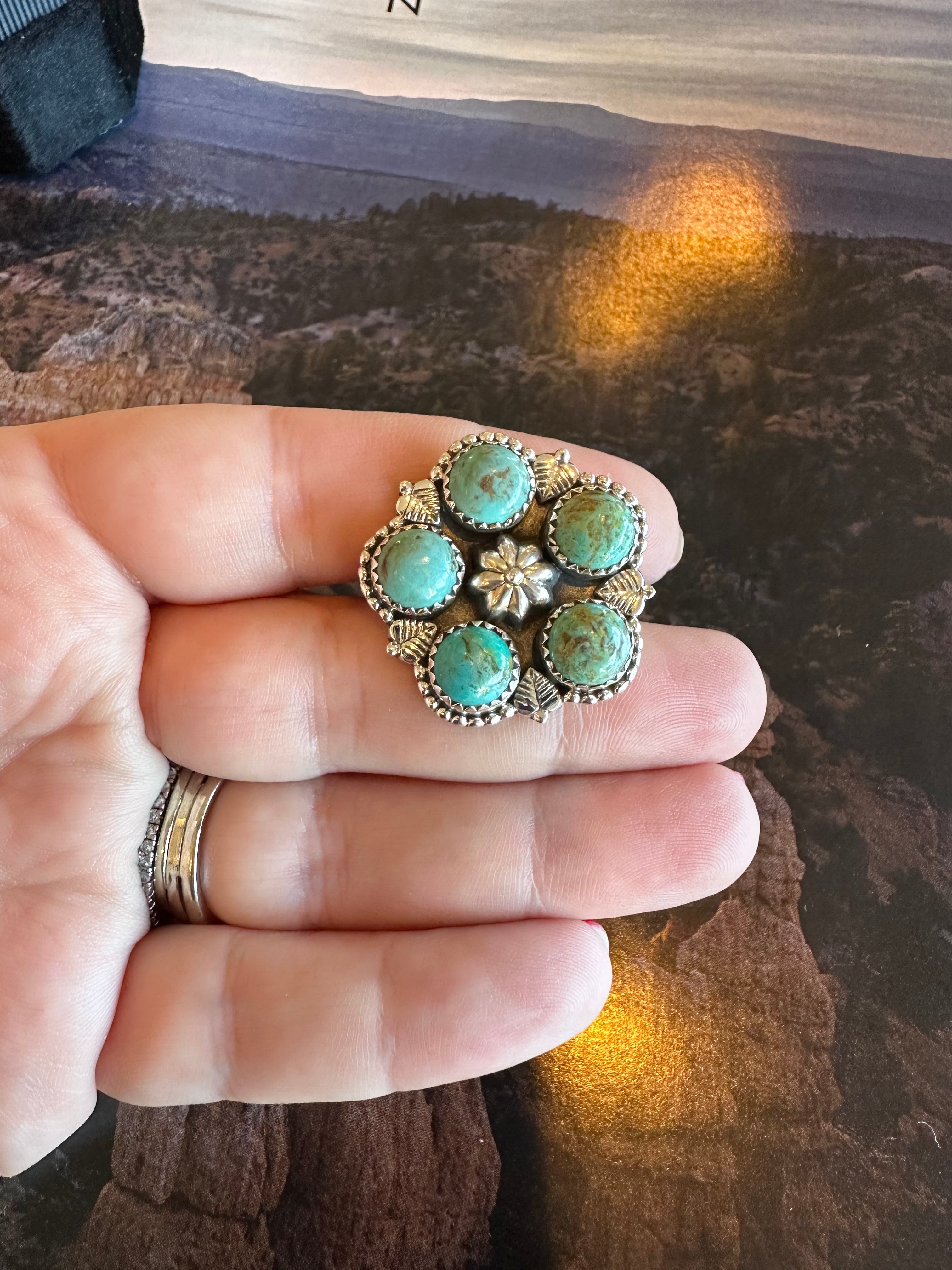 Nizhoni Handmade Adjustable Turquoise Sterling Silver 5 Stone Flower Ring