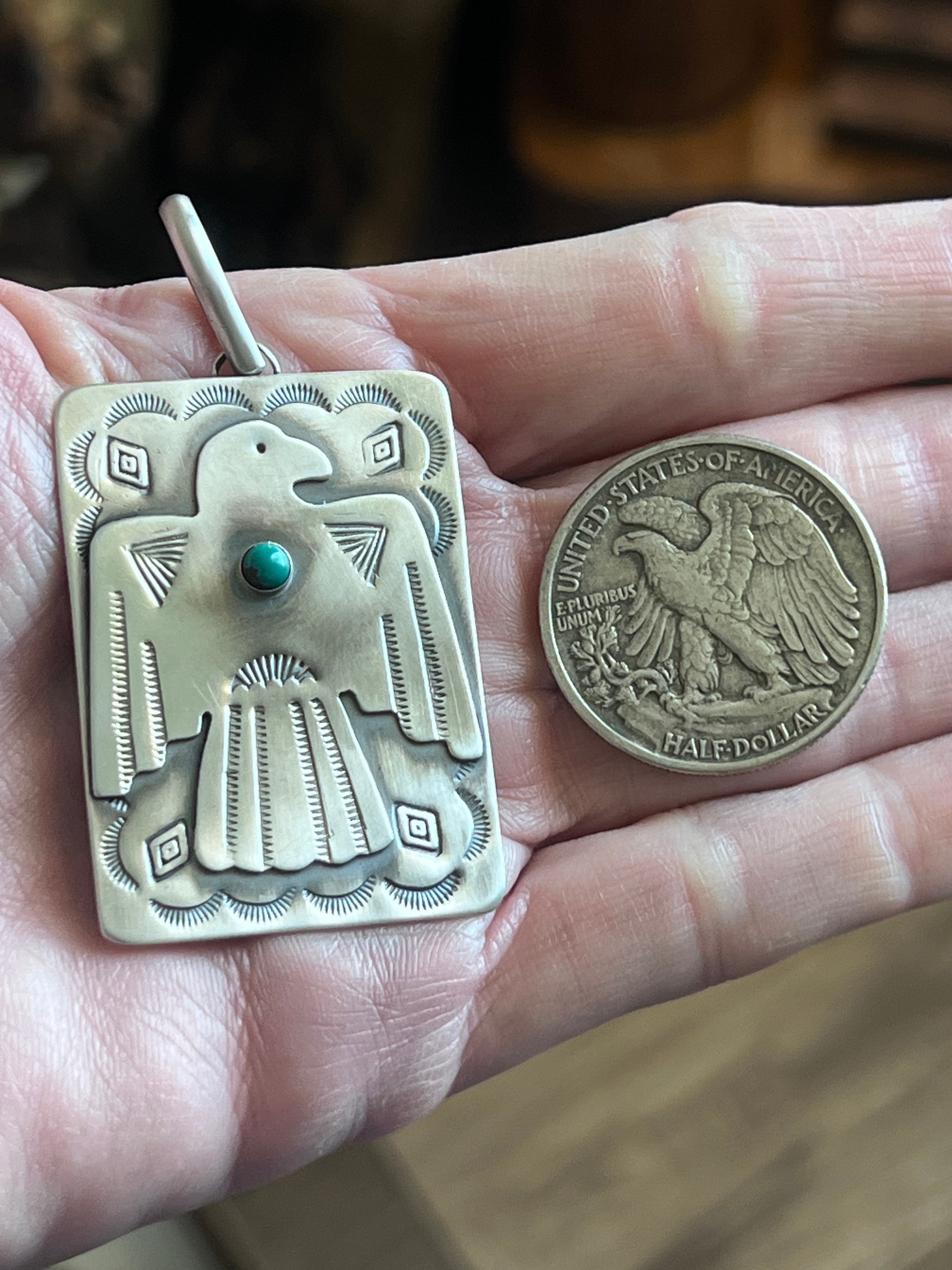 Hand Stamped Sterling Silver Fred Harvey Era Inspired Thunderbird Tag Pendant by Kimari Somers