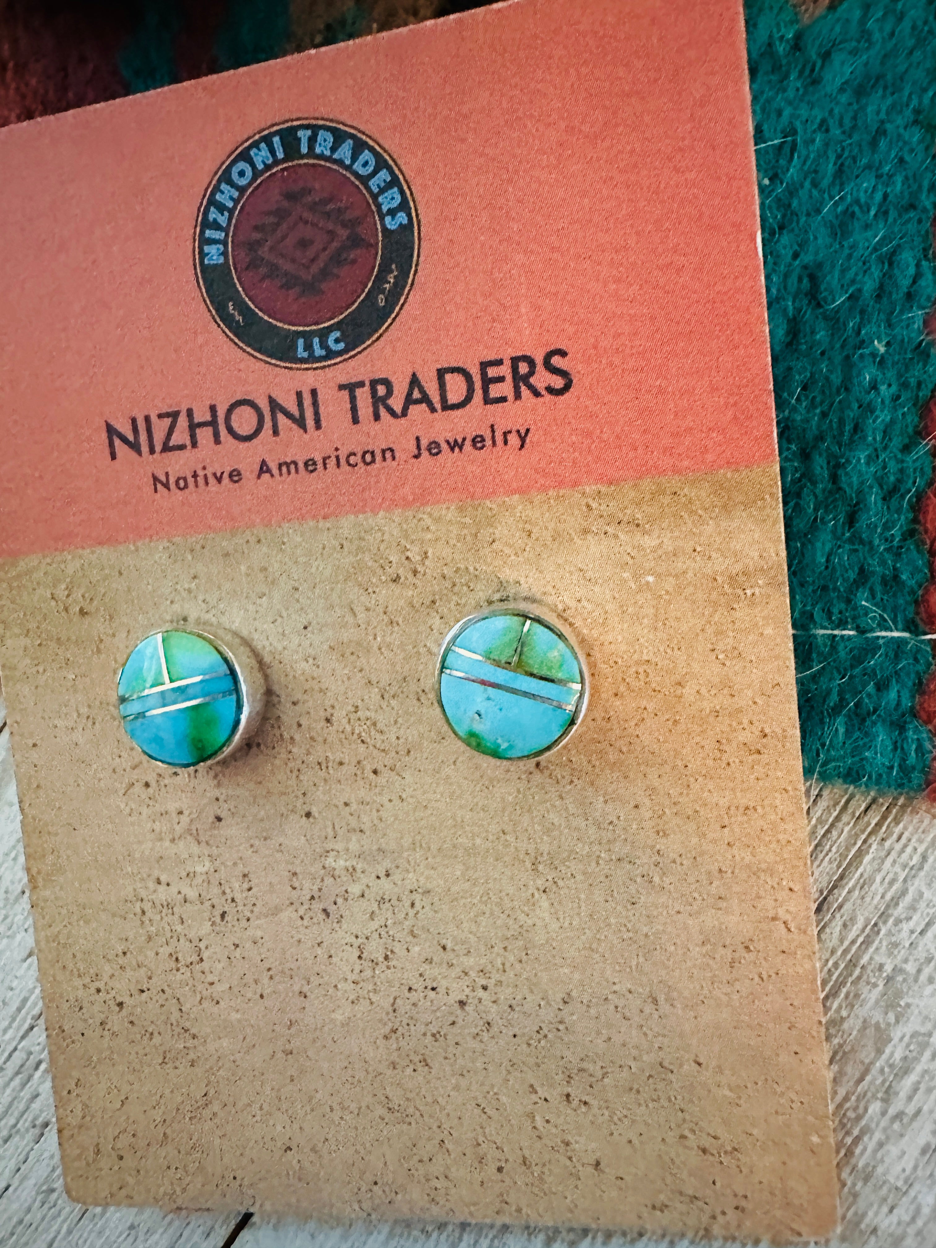 Navajo Sonoran Mountain Turquoise & Sterling Silver Inlay Stud Earrings