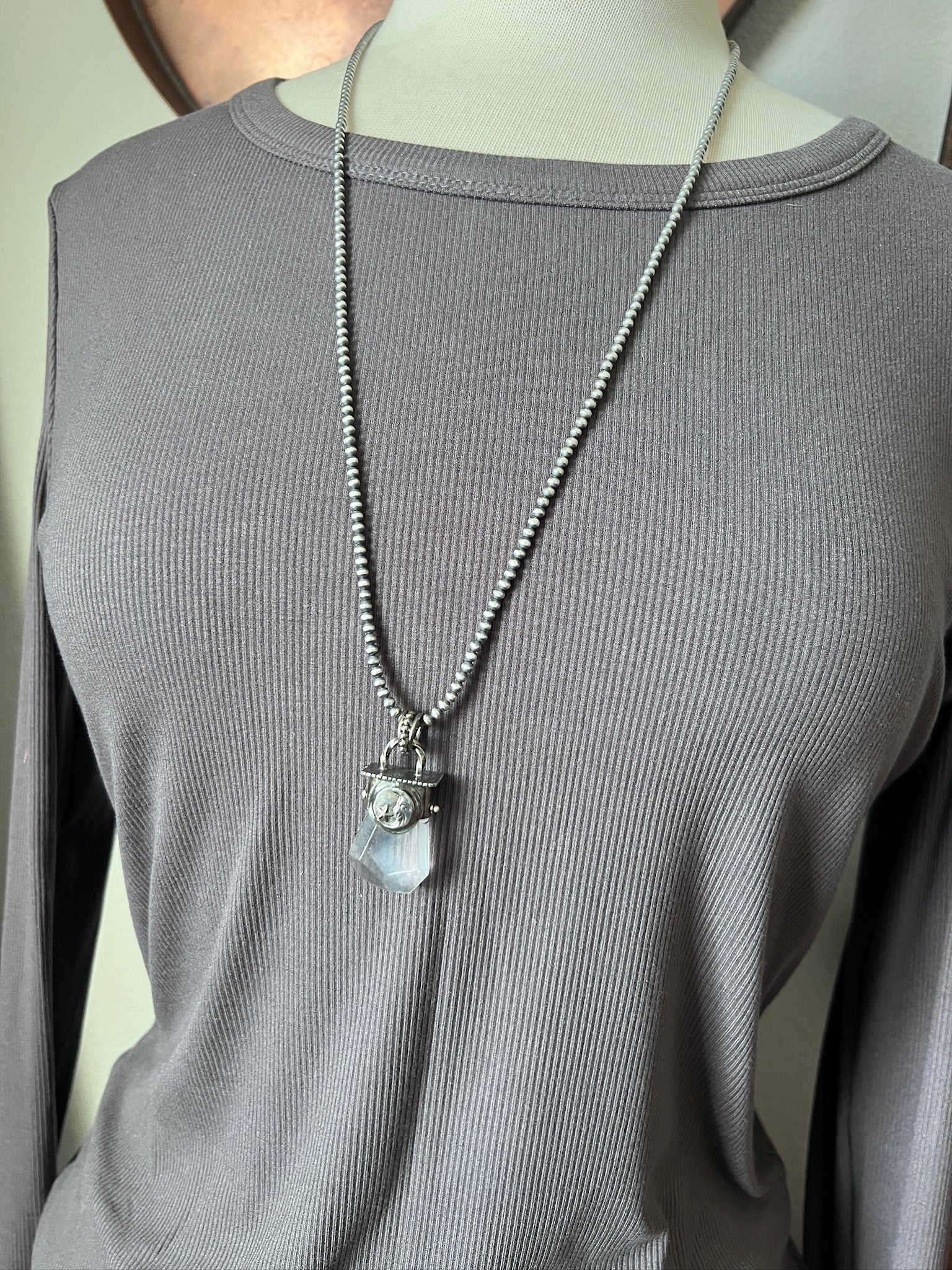 Sterling Silver Gem Collector 30” + 2” Beaded Necklace w/ Tularosa Quartz & Moon Pendant 2