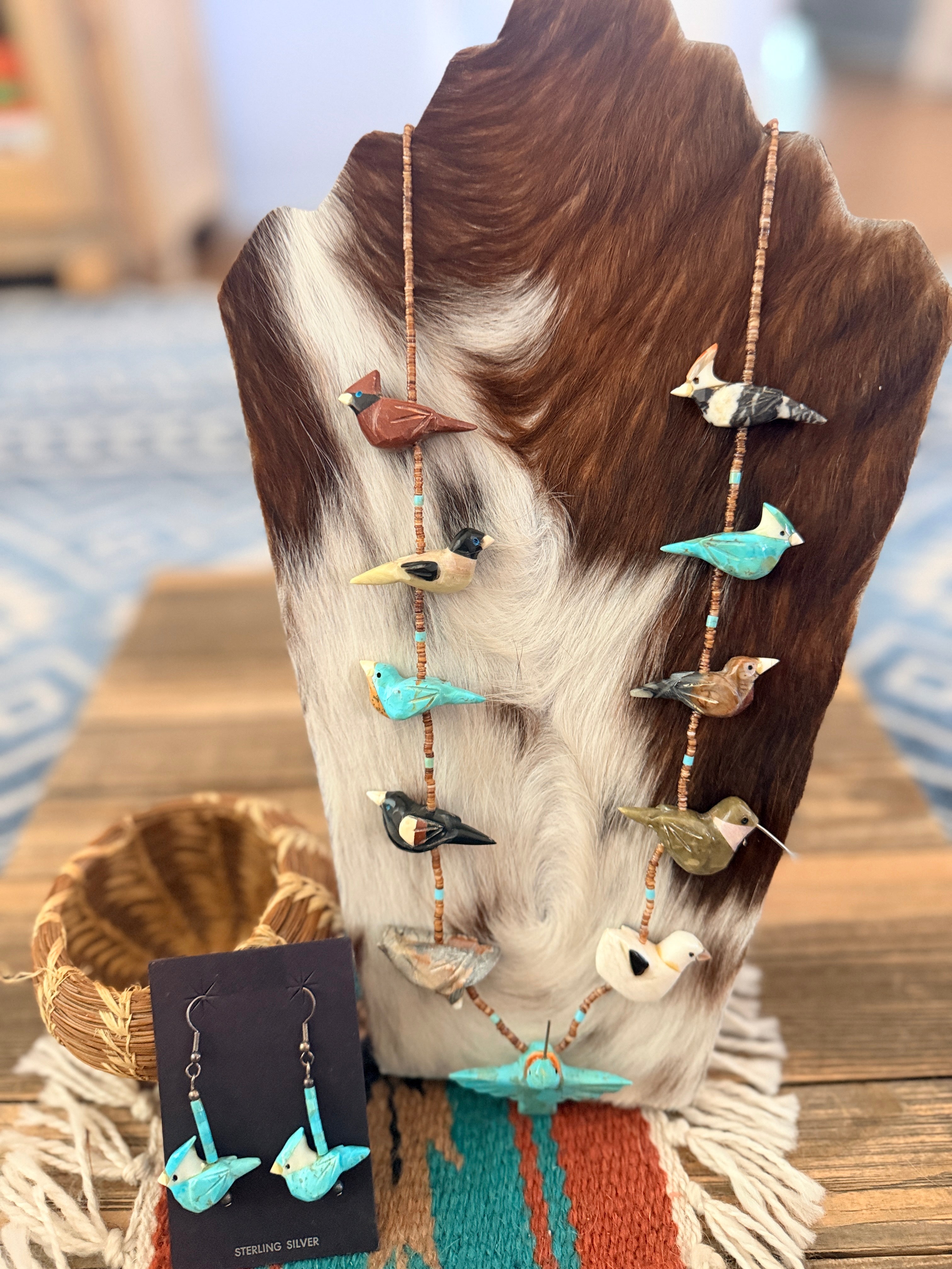 Old Pawn Handcrafted Multi Stone Fetish Bird Beaded 30” Necklace and Earring Set