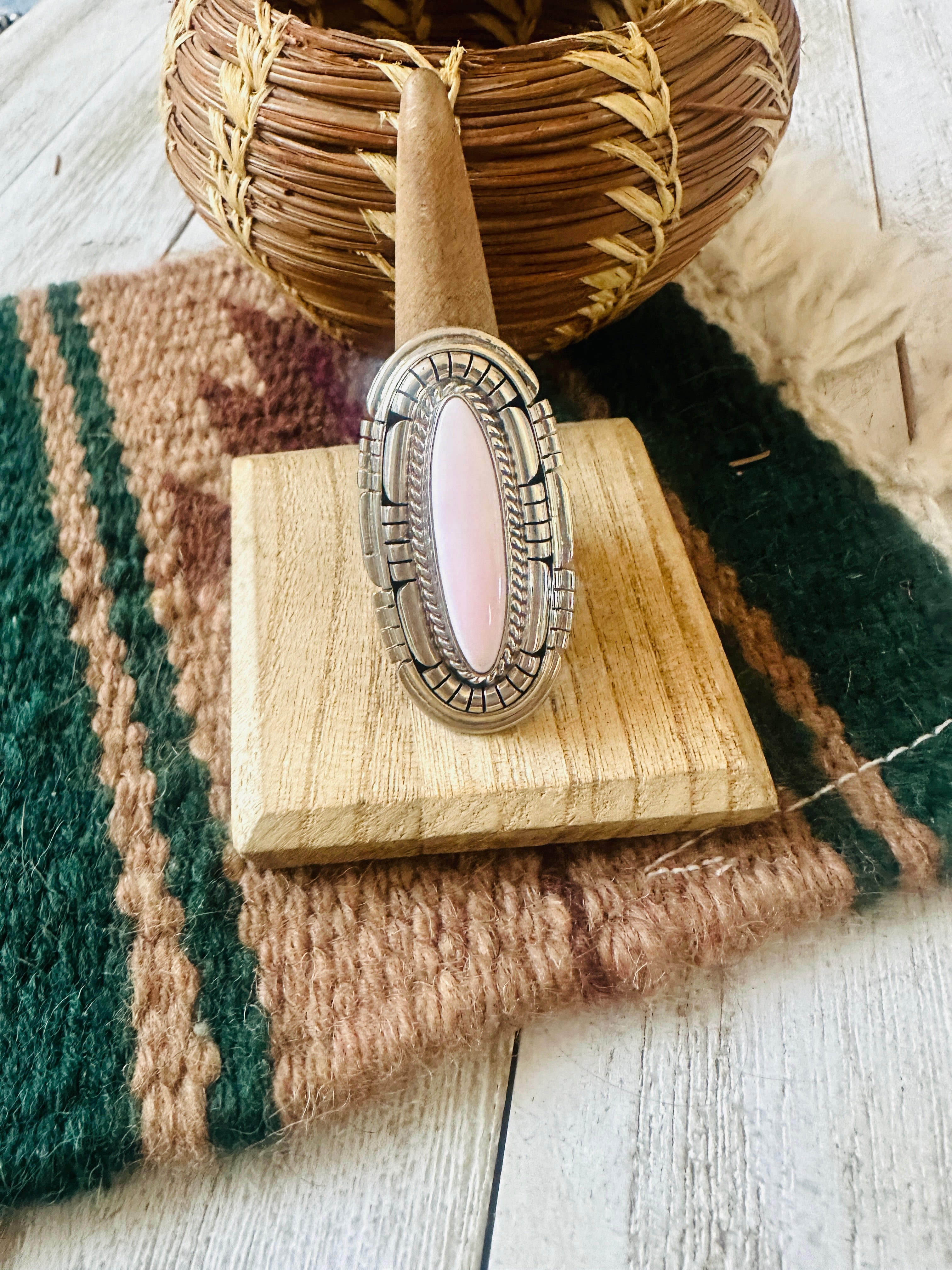 Navajo Sterling Silver & Queen Pink Conch Adjustable Ring