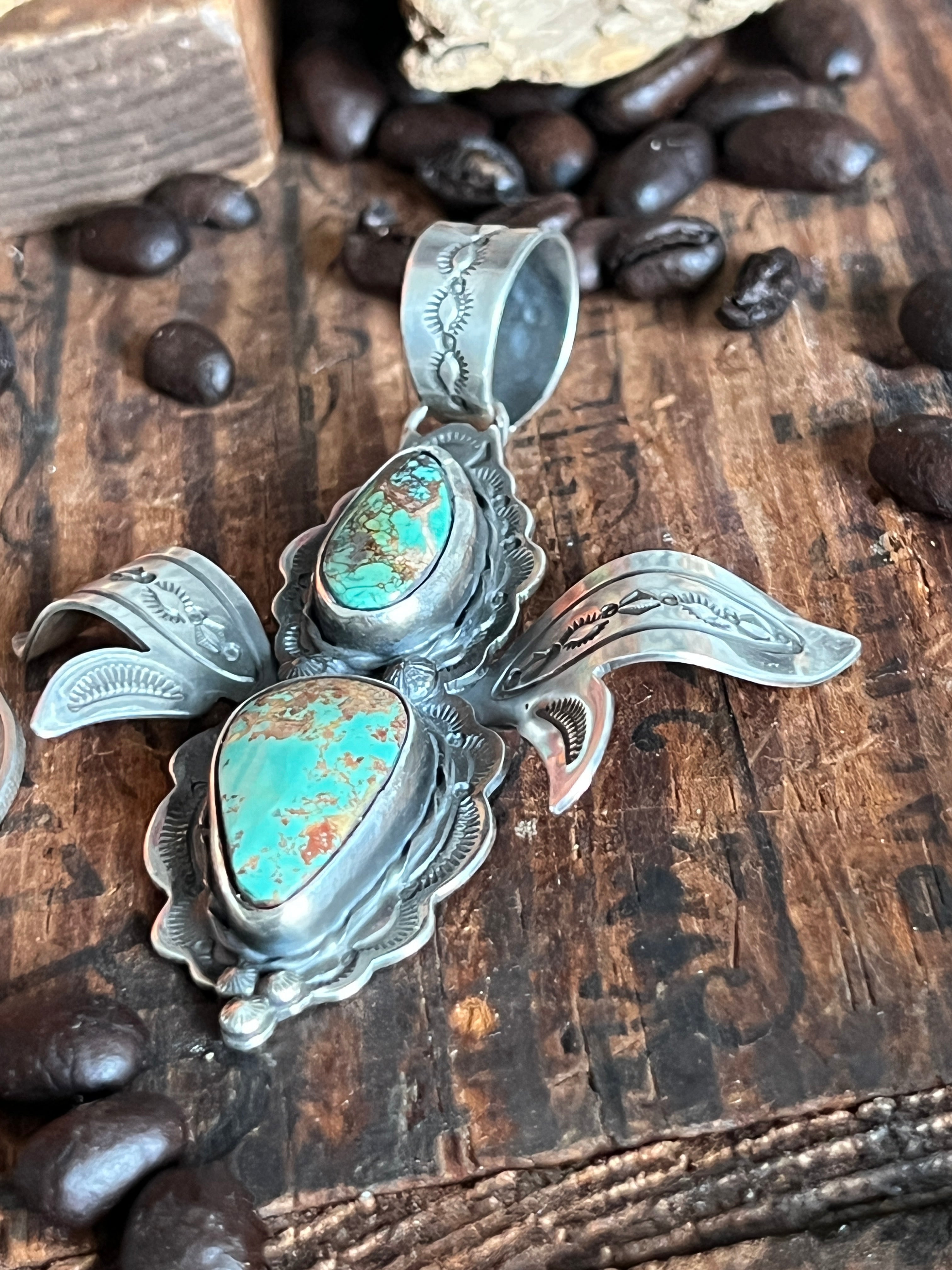 Handcrafted Kimari Somers Sterling Silver and Turquoise Winged Bug Pendant