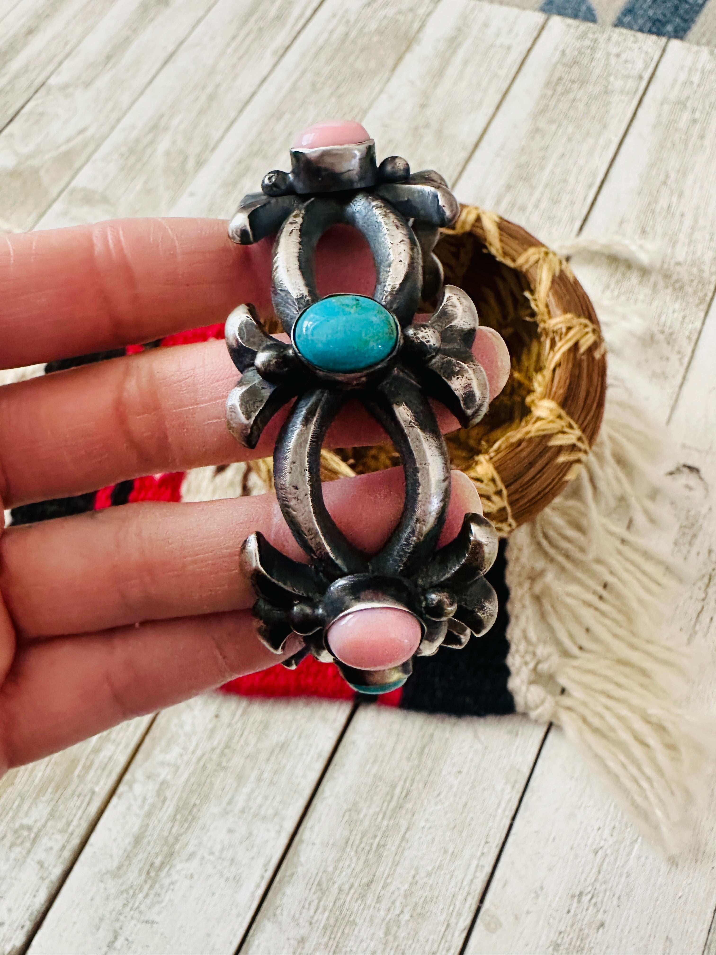 Handcrafted Turquoise, Queen Pink & Sterling Silver Cuff Bracelet by Chimney Butte