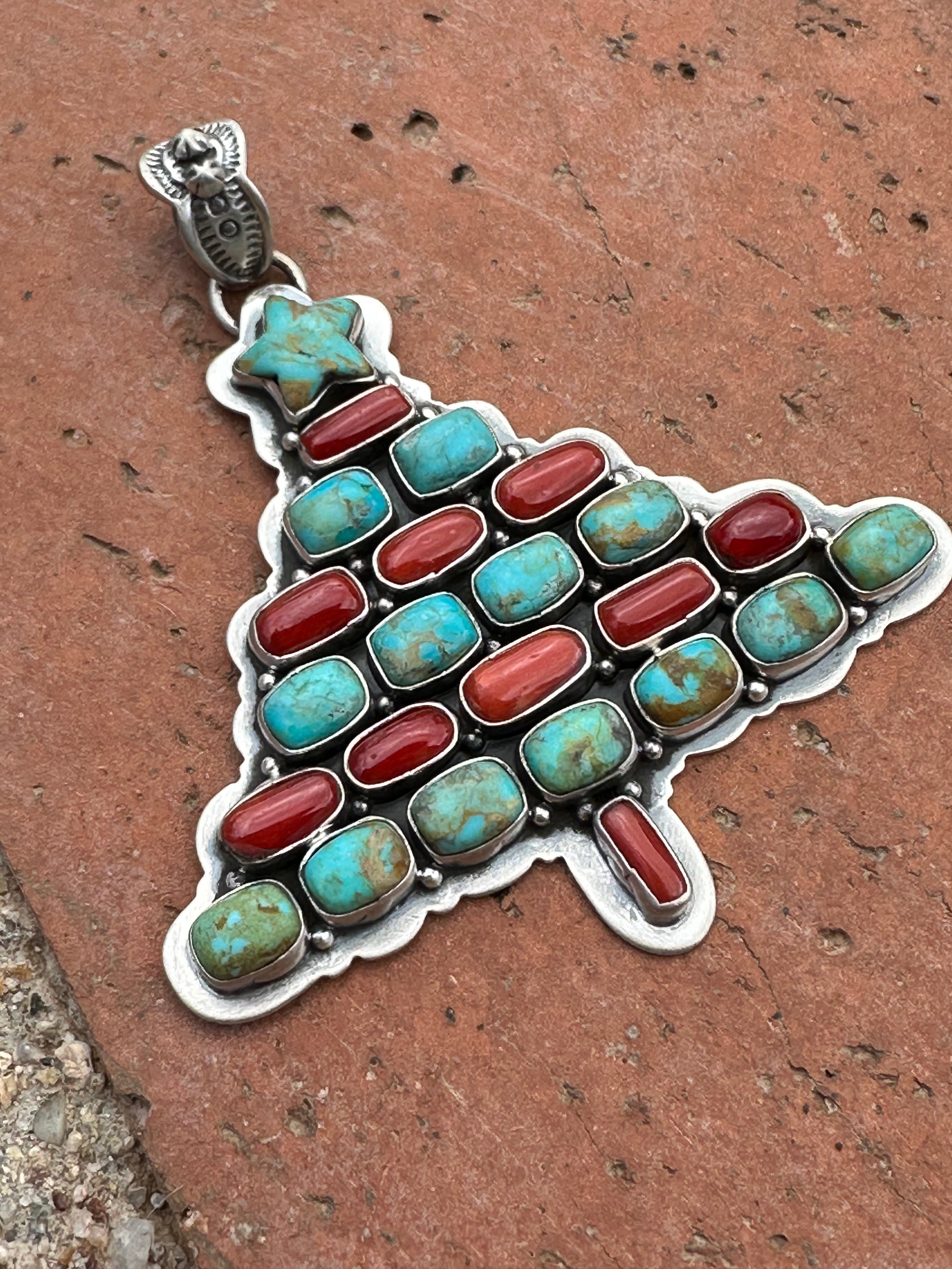 Handmade Sterling Silver, Coral & Turquoise Christmas Tree Pendant