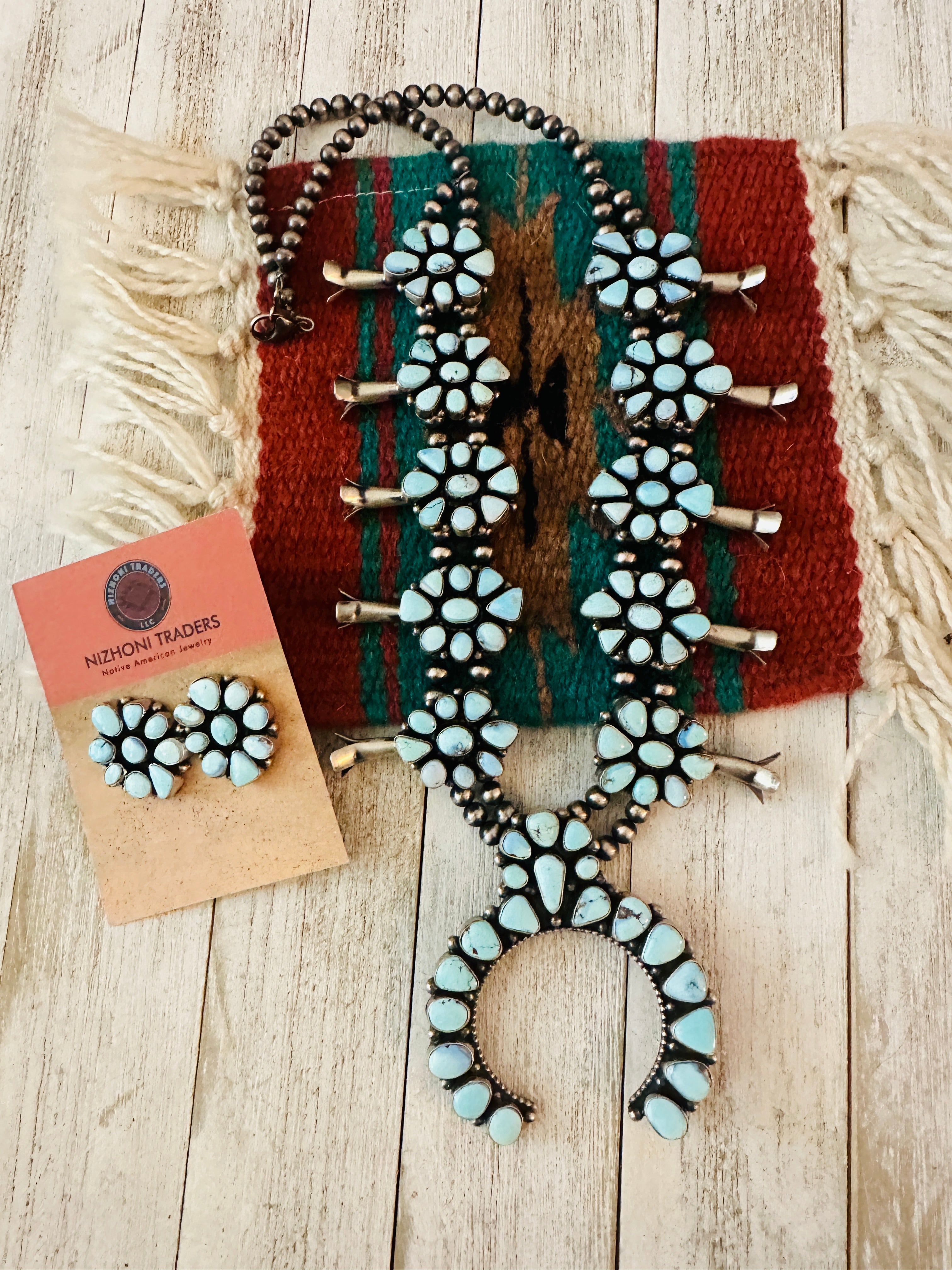 Navajo Golden Hills Turquoise & Sterling Silver Squash Blossom Necklace Set