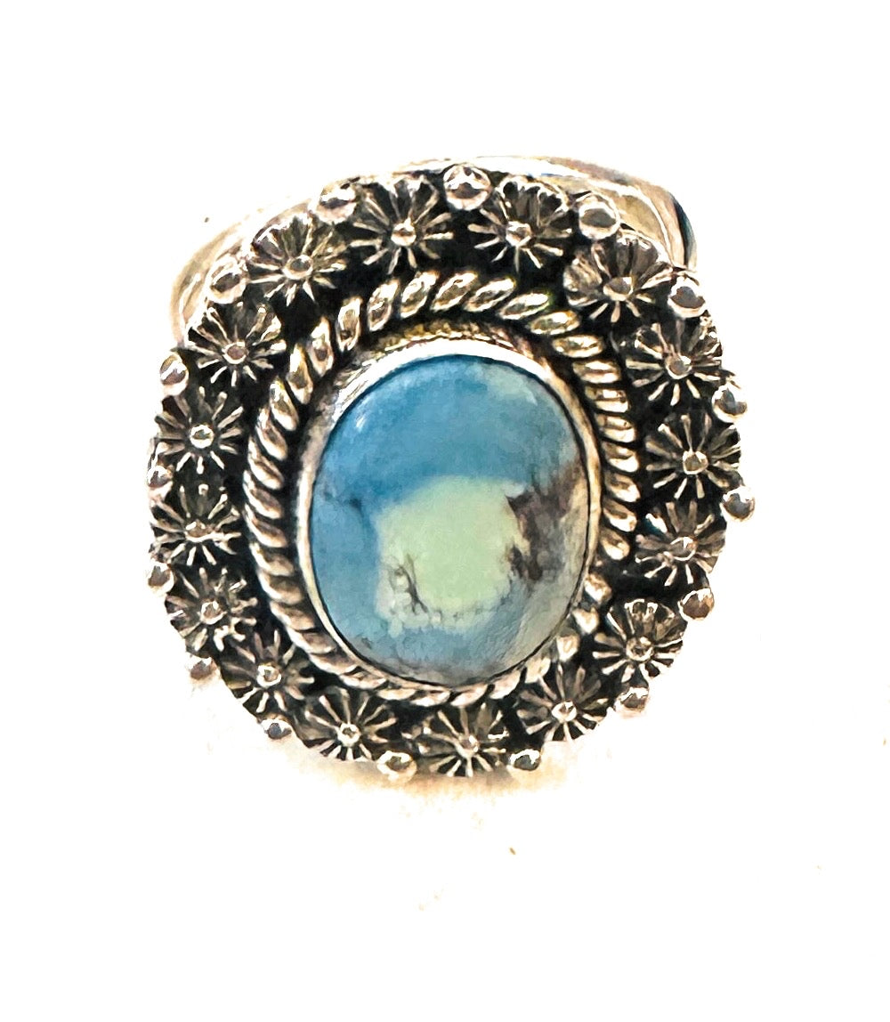 Handmade Golden Hills Turquoise & Sterling Silver Adjustable Ring Signed Nizhoni