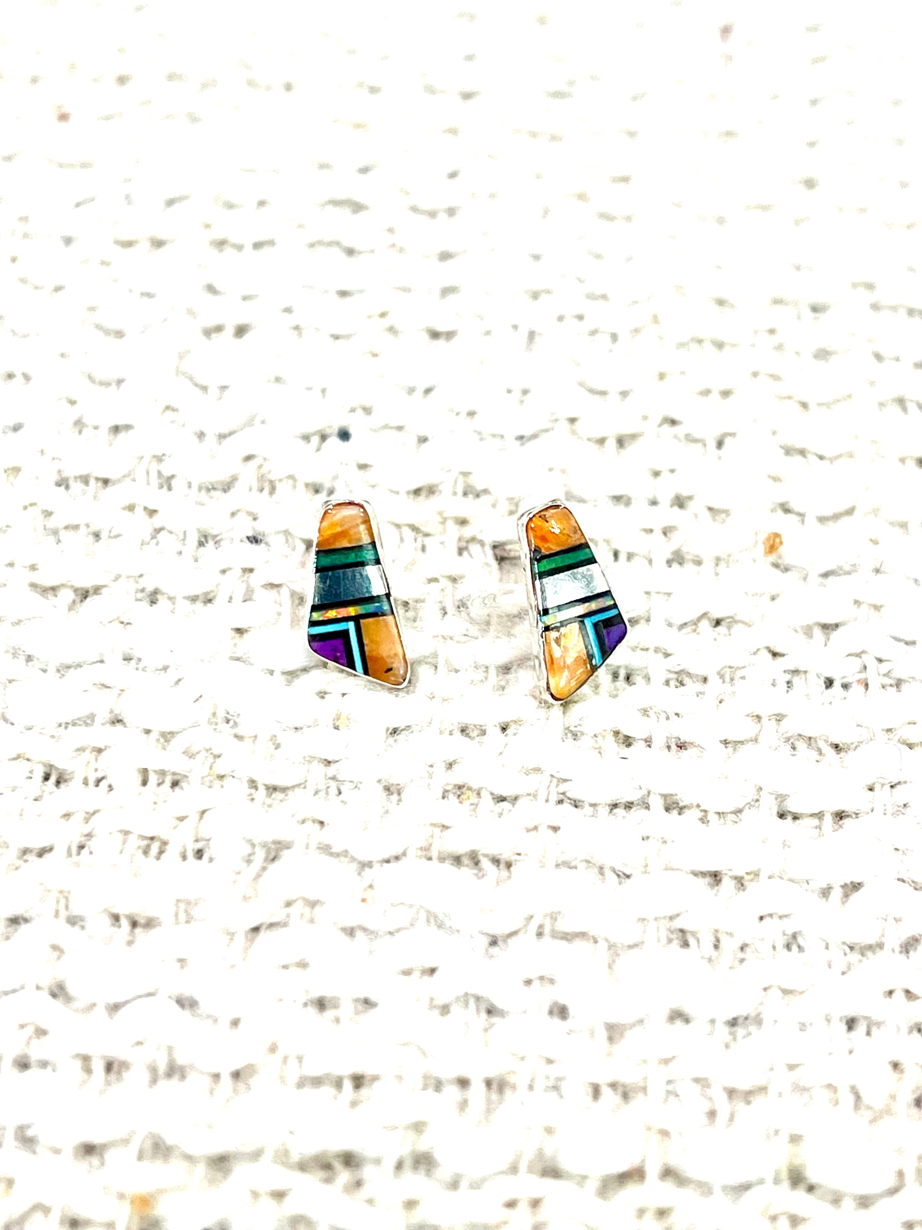Gorgeous Handmade Sterling Silver & Multi Stone Inlay Stud Earrings