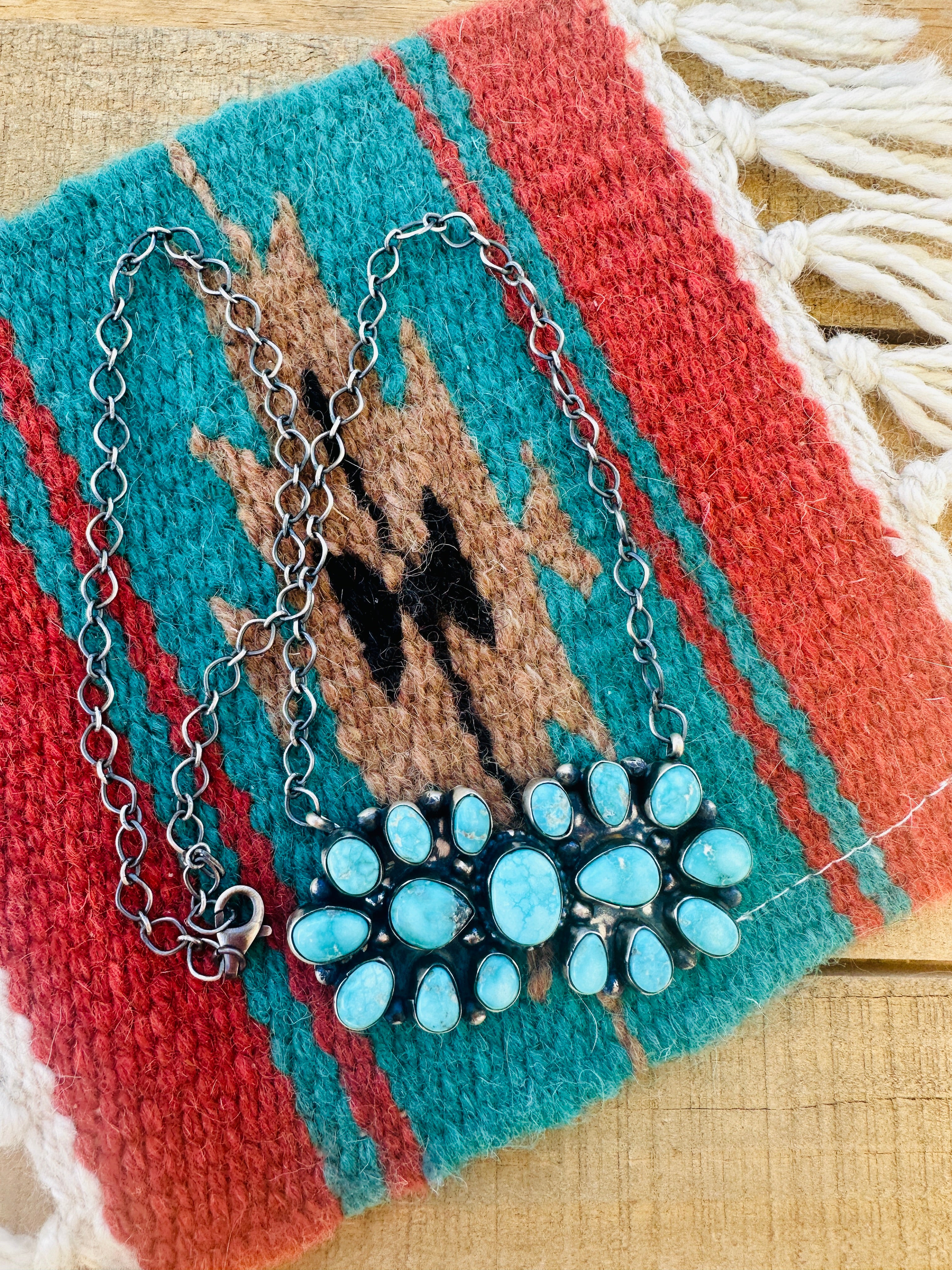 Navajo Sterling Silver & Kingman Turquoise Cluster Necklace