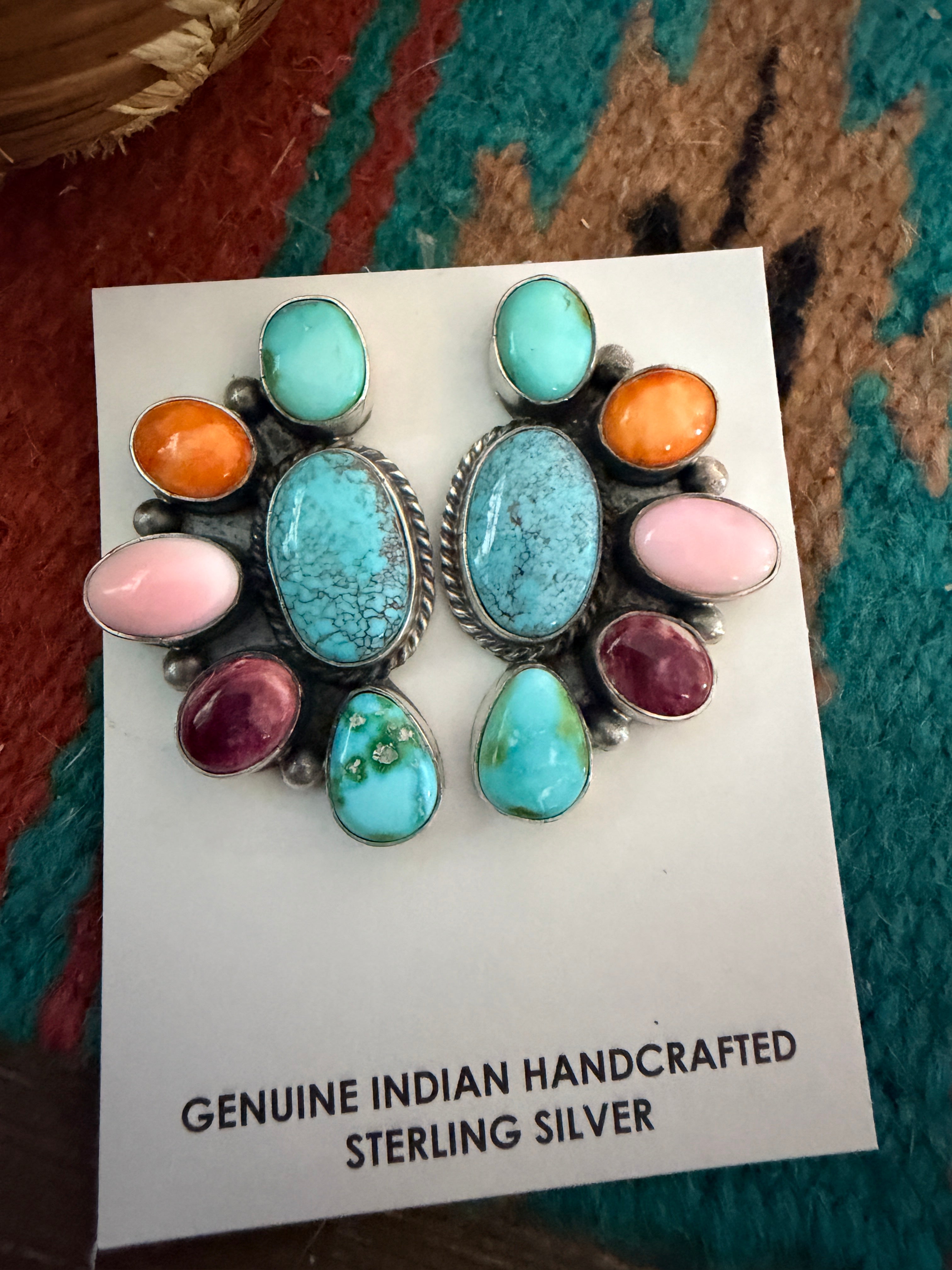 Handcrafted Turquoise, Spiny Oyster, Queen Pink Conch & Sterling Silver Post Earrings by Hiram Largo
