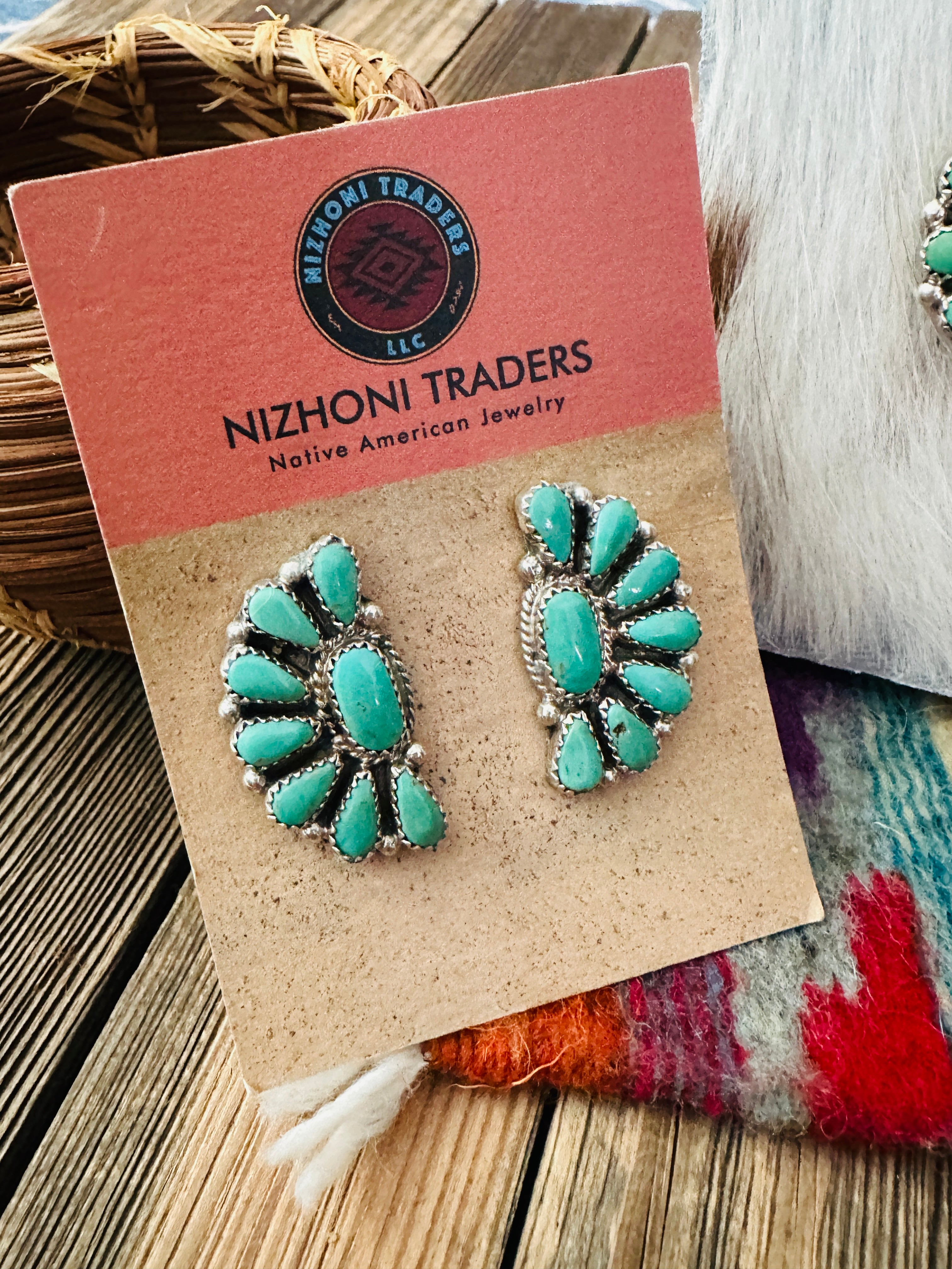 Handcrafted Turquoise & Sterling Silver Cluster Necklace and Earring Set