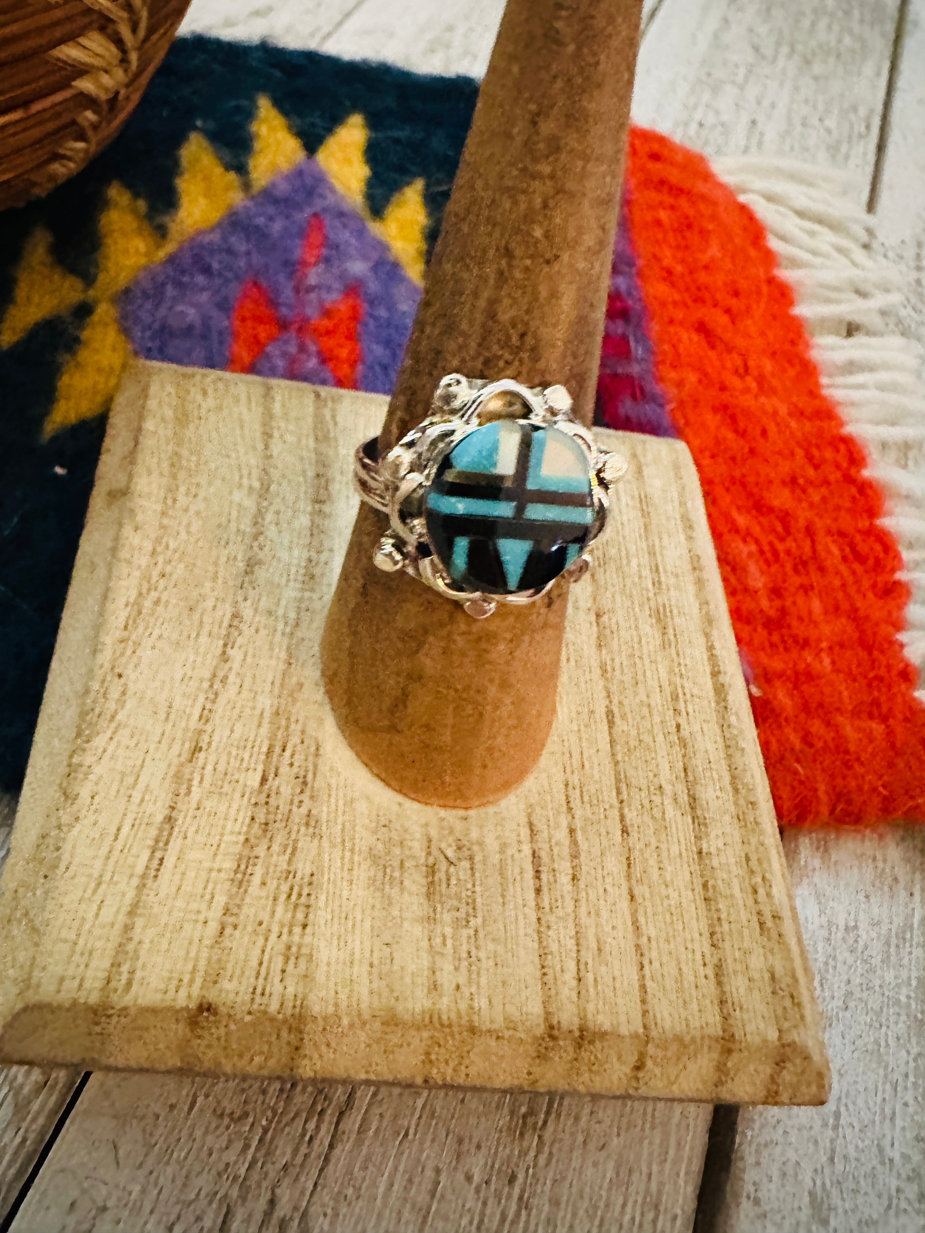 Zuni Multi Stone & Sterling Silver Inlay Ring Size 7