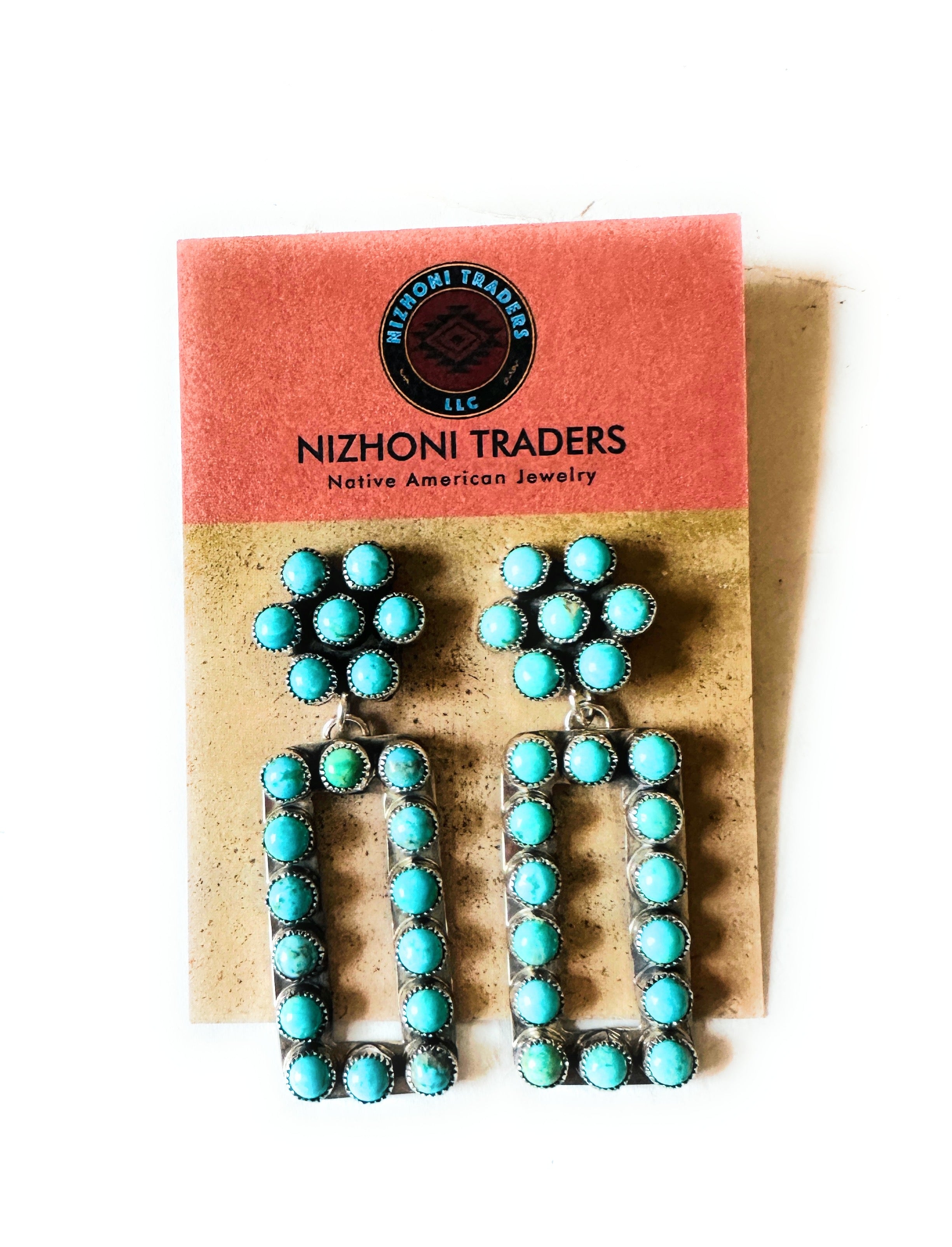 Navajo Turquoise & Sterling Silver Cluster Dangle Earrings