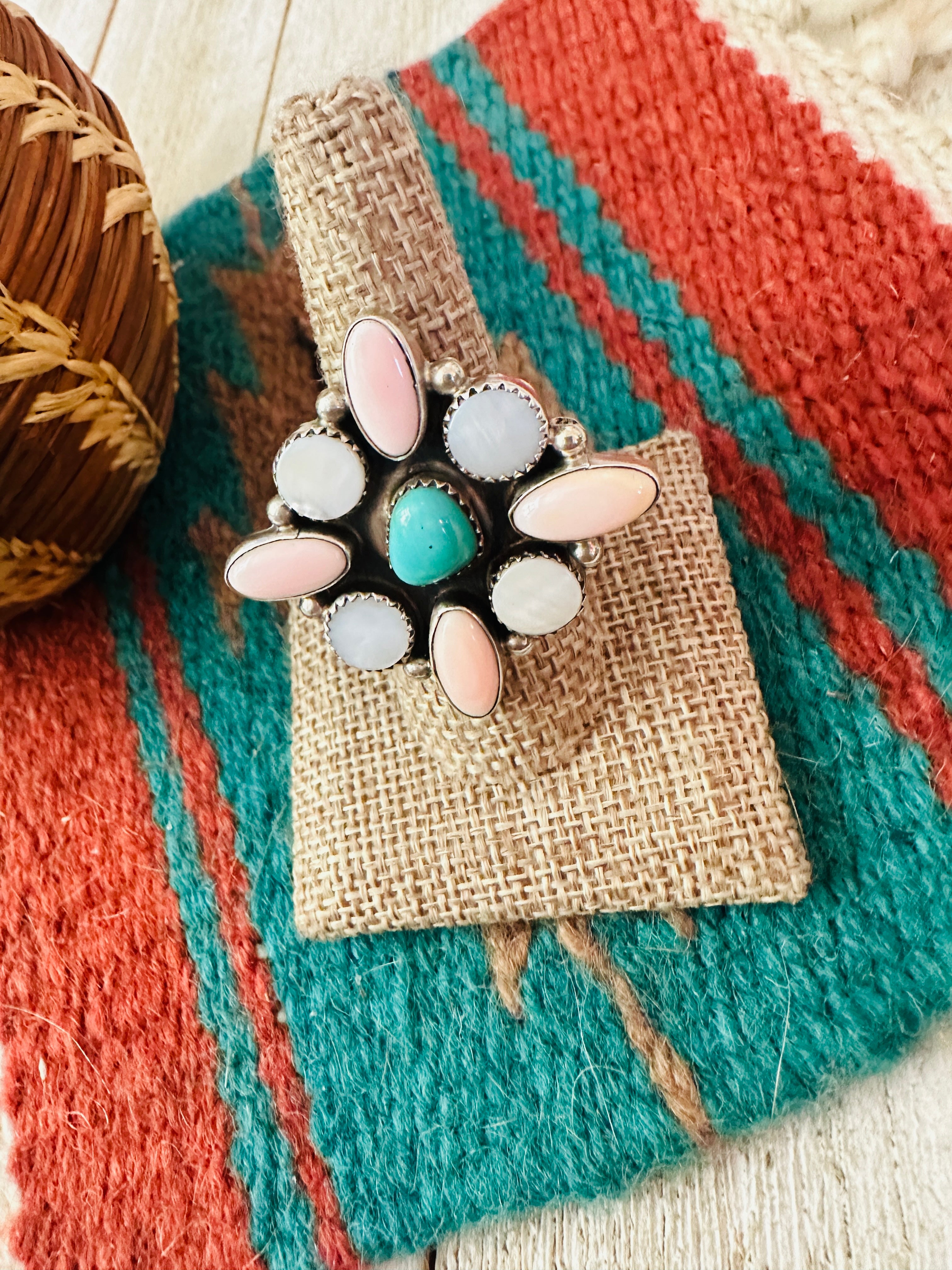 Handcrafted Queen Pink Conch, Mother of Pearl, Turquoise & Sterling Silver Adjustable Ring by Jacqueline Silver