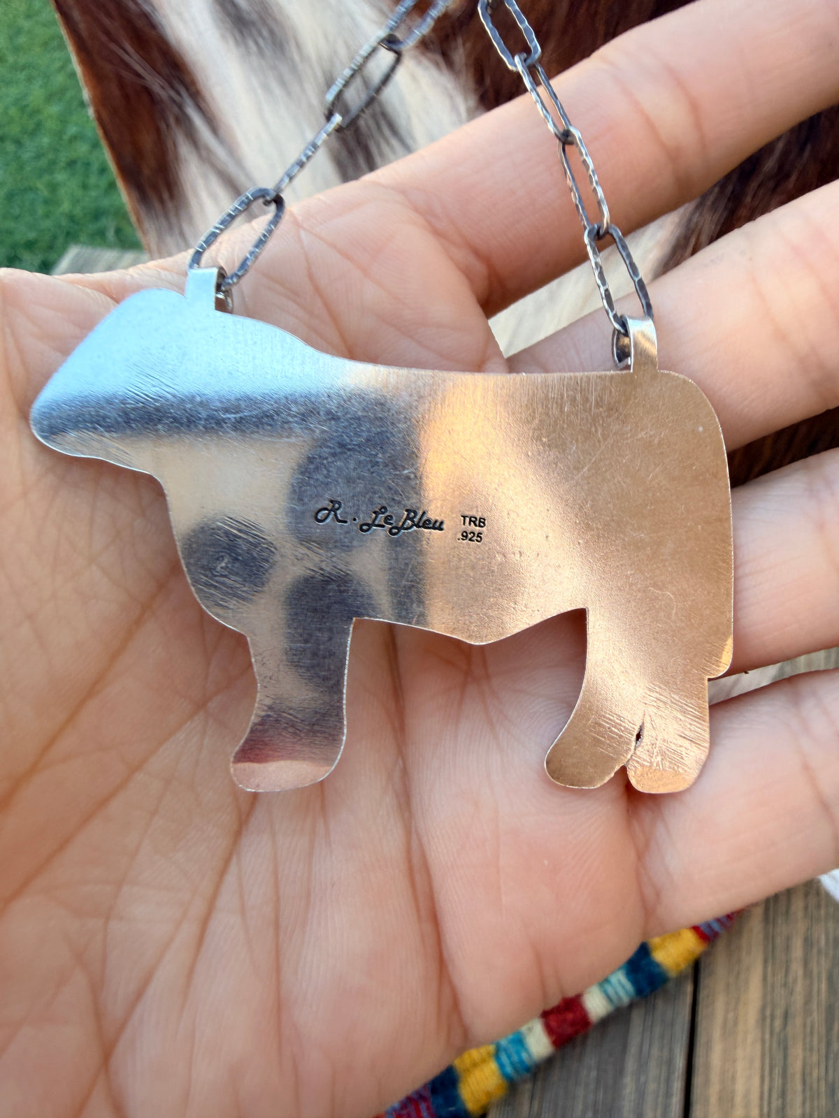 Handmade Sterling Silver & Turquoise Cow Necklace