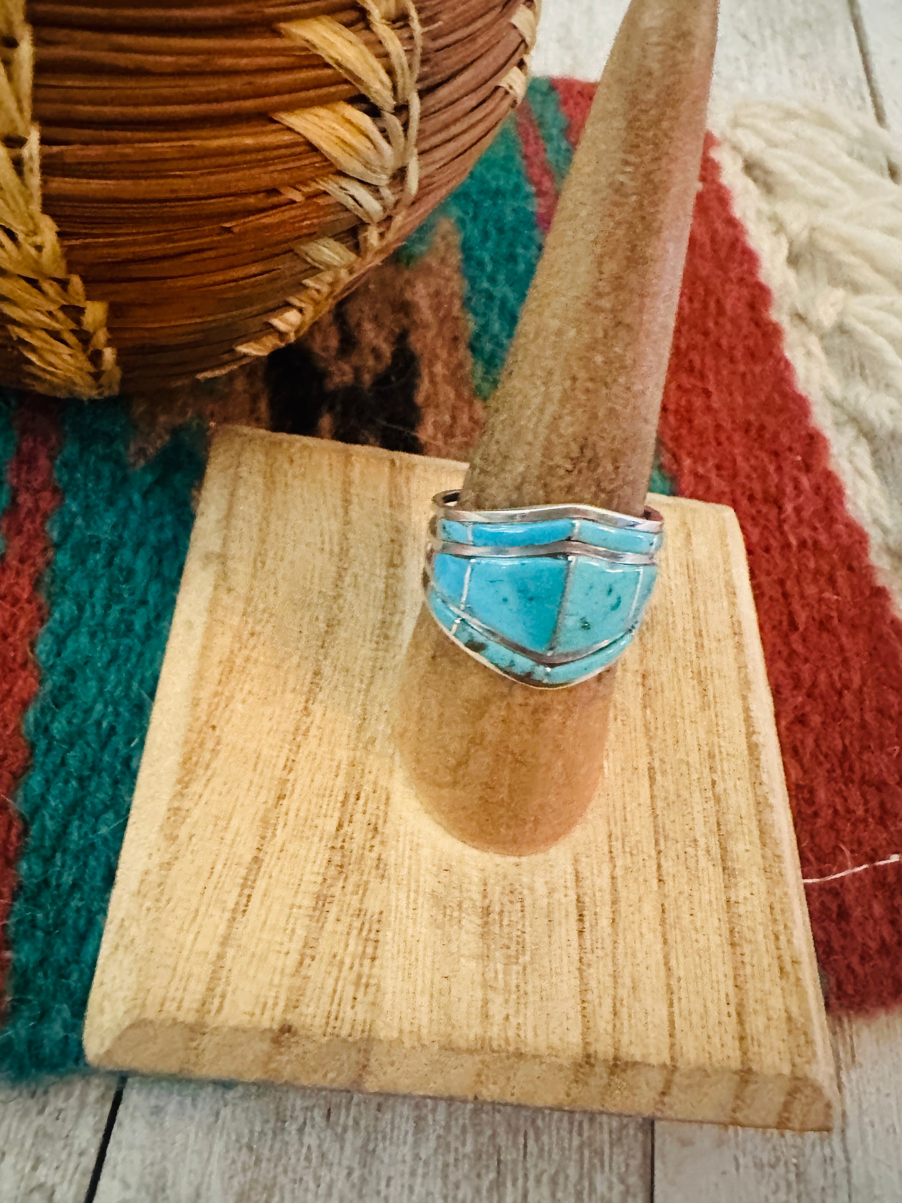 Navajo Sterling Silver & Turquoise Inlay Ring Size 7.5