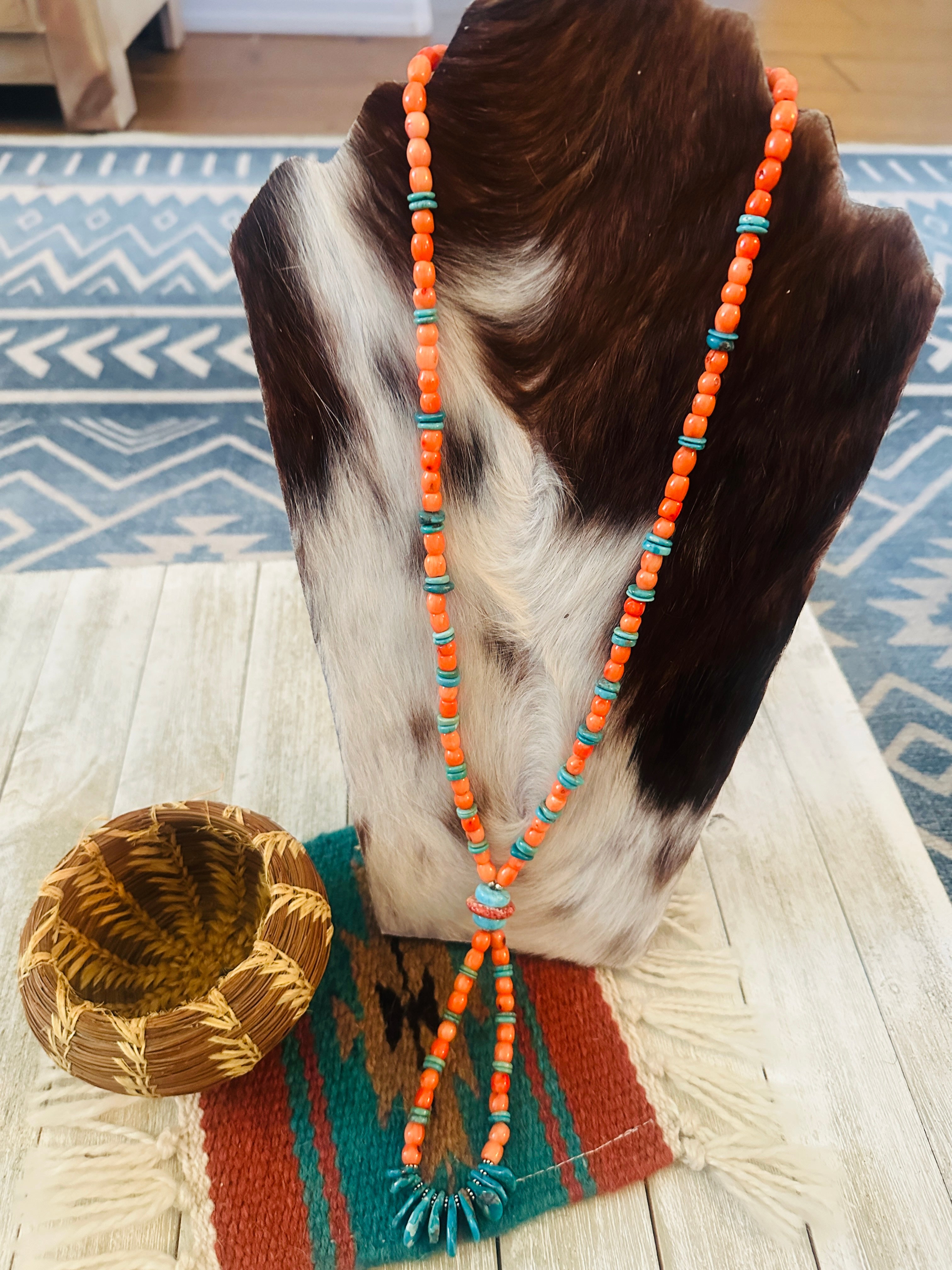 Handcrafted Spiny Oyster,  Turquoise & Sterling Silver Beaded Jacla Necklace