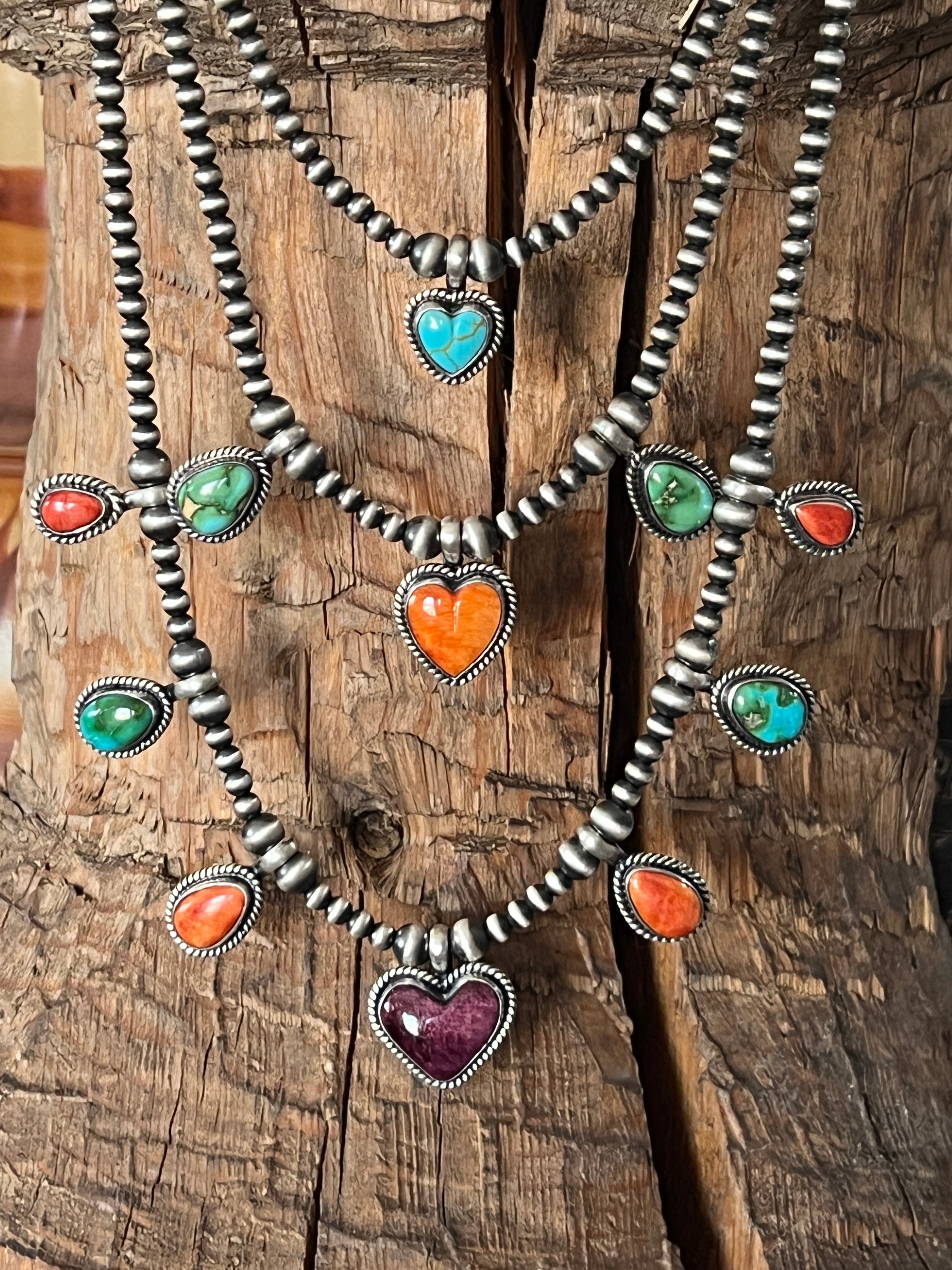 Sterling Silver Electric Rainbow Triple Layer Beaded Drop Heart Necklace & Earrings Set by Loretta Delgarito