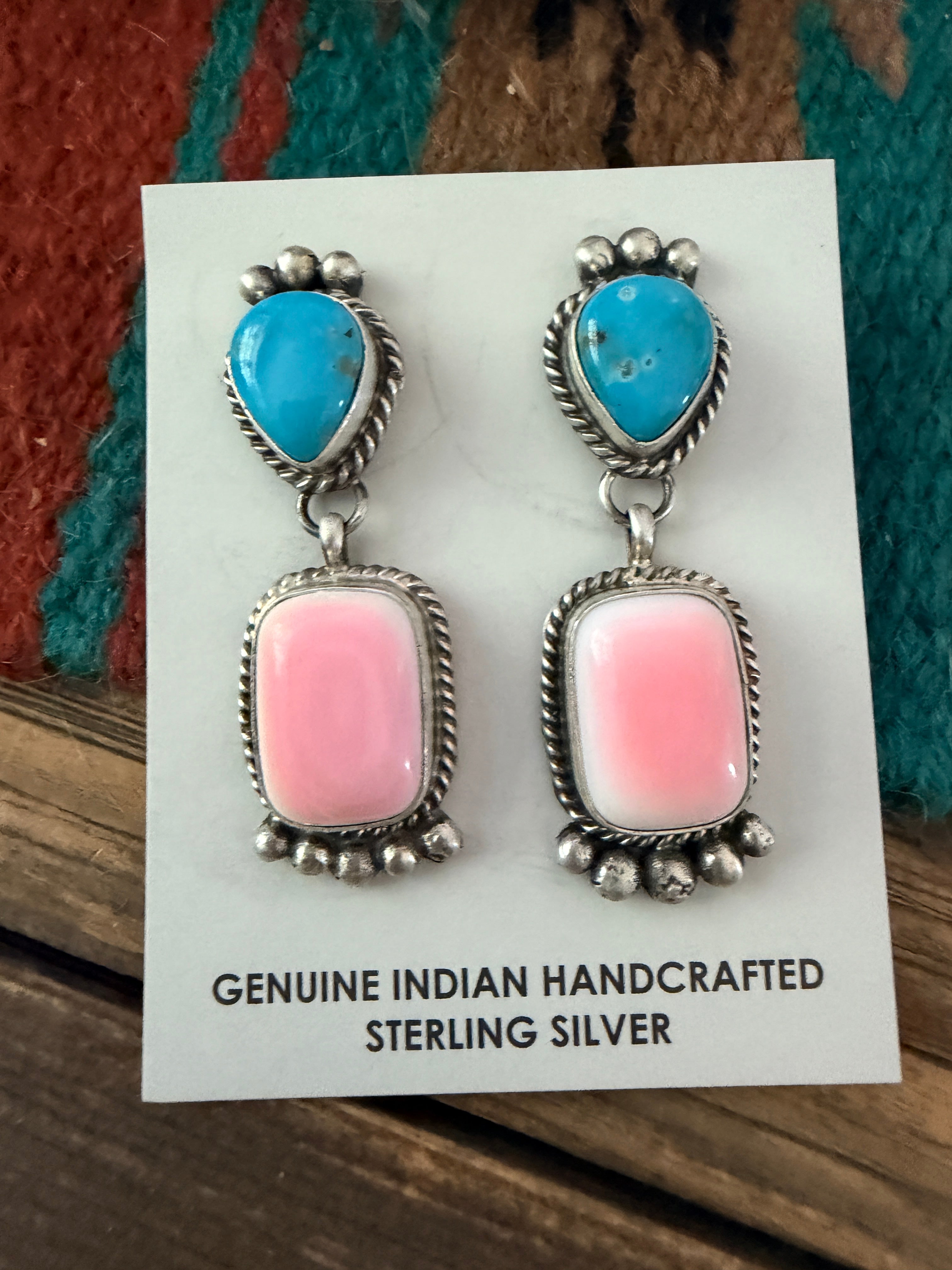 Handcrafted Sterling Silver, Turquoise & Queen Pink Conch Dangle Earrings by Vicky Hicks