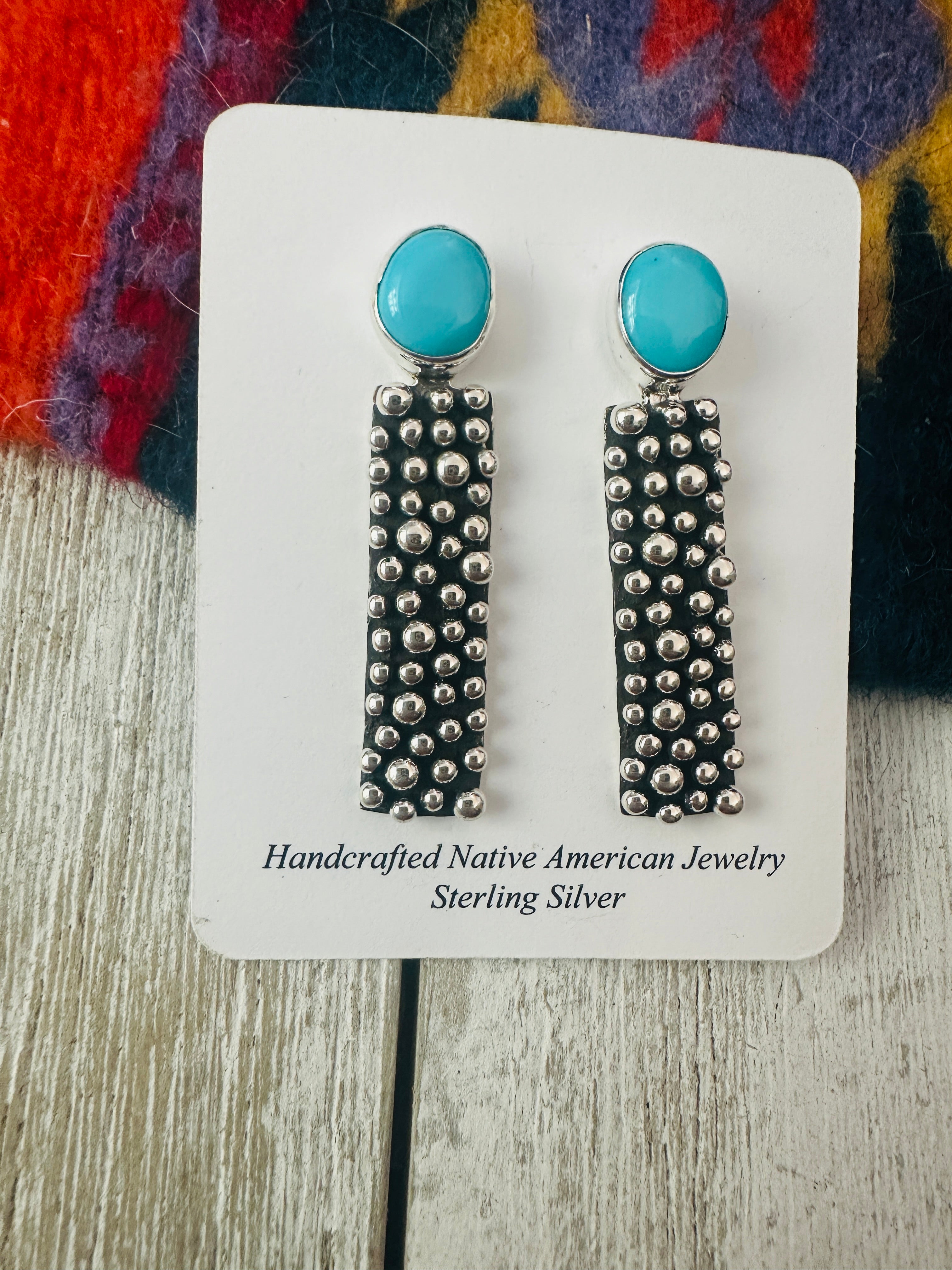 Navajo Turquoise And Sterling Silver Drop Earrings