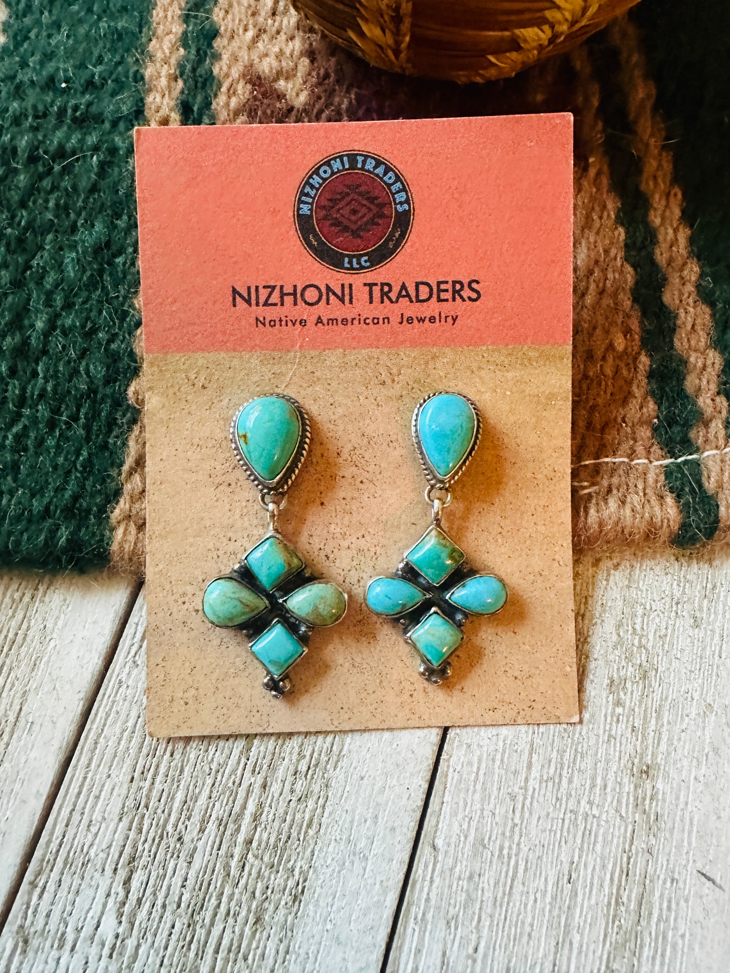 Navajo Turquoise & Sterling Silver Cluster Dangle Earrings