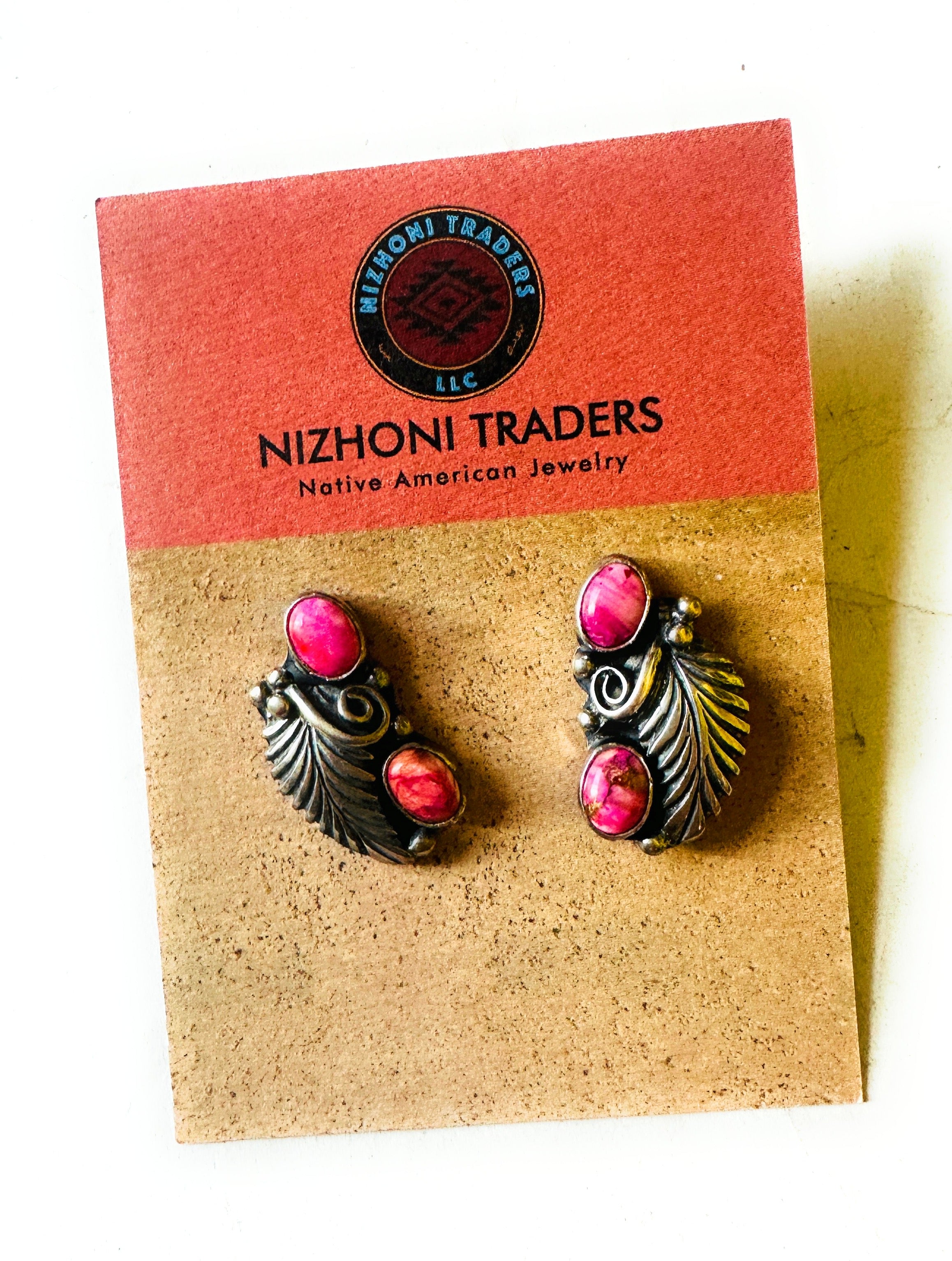 Navajo Sterling Silver & Pink Mojave Post Dangle Earrings