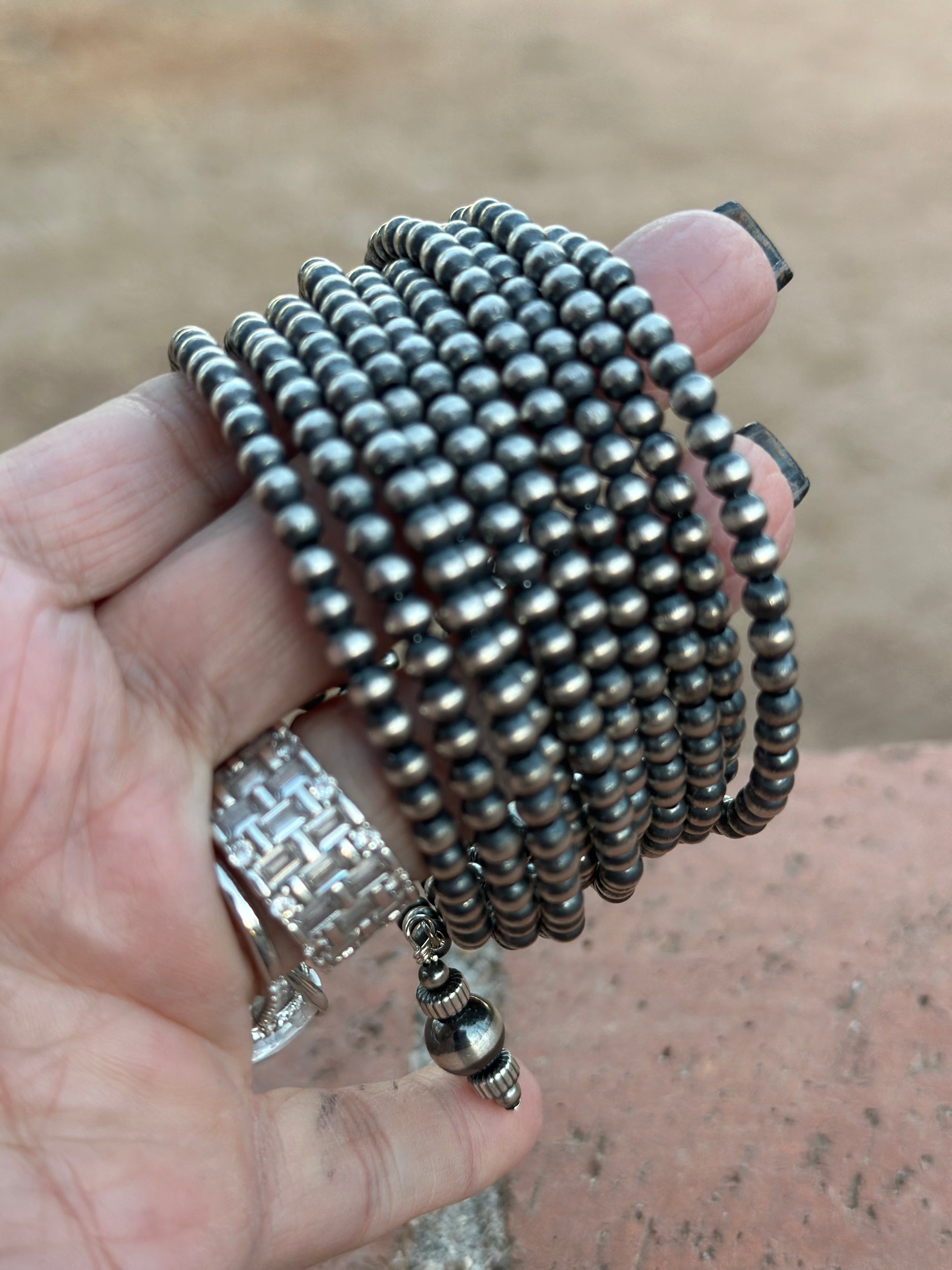 Navajo Sterling Silver Pearl Beaded Wrap Bracelet