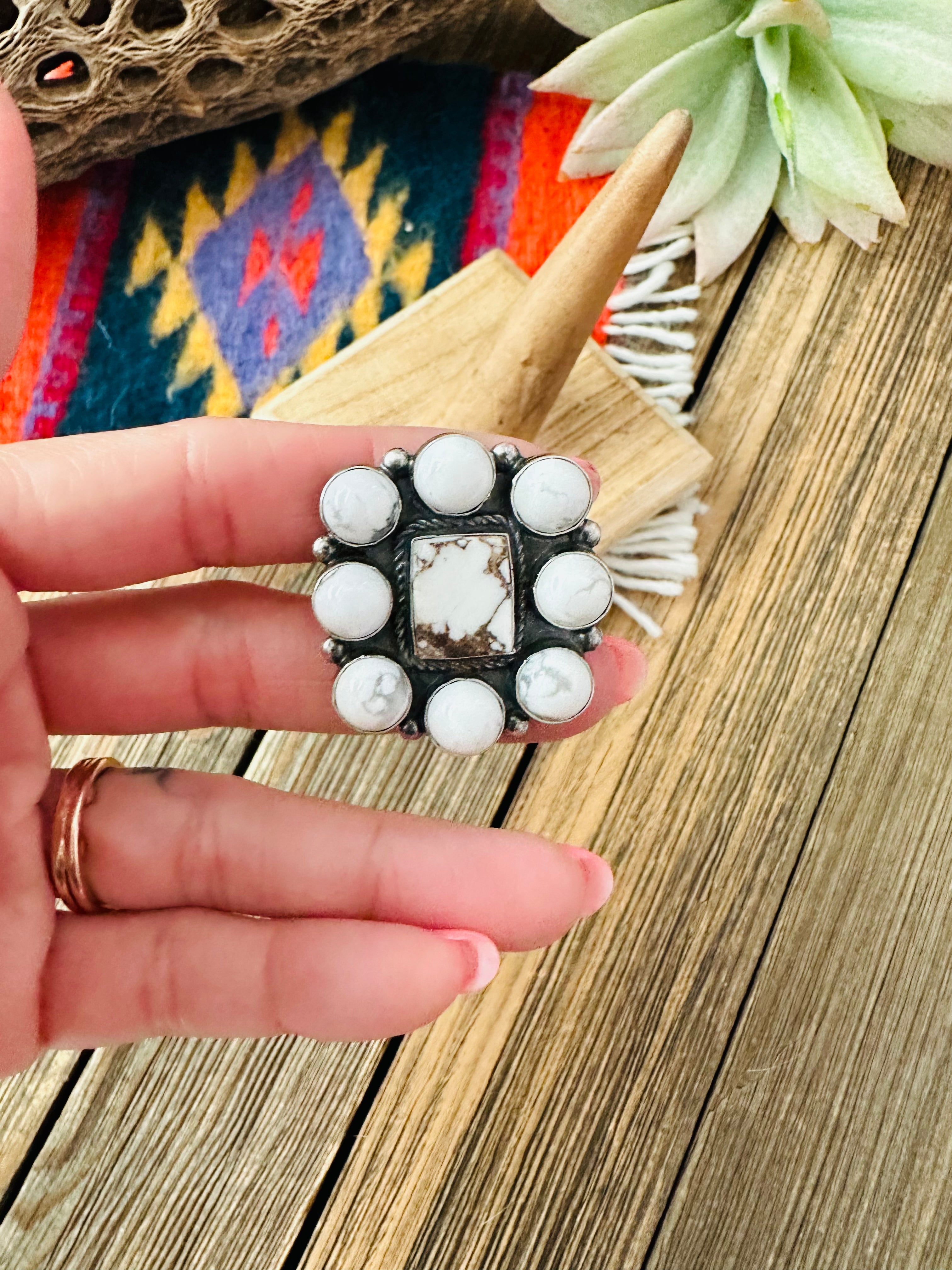 Navajo Sterling Silver & White Buffalo Cluster Ring Size 10