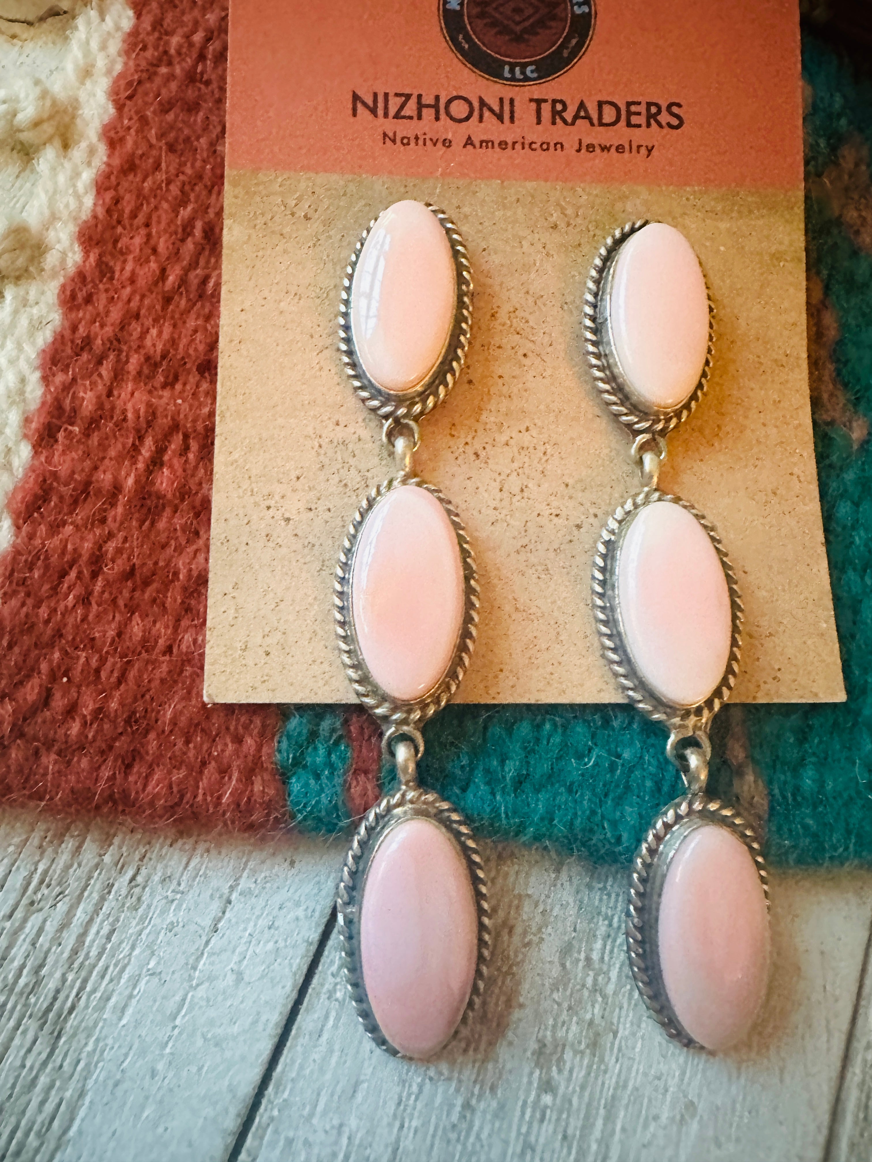 Navajo Queen Pink Conch & Sterling Silver 3-Stone Dangle Earrings