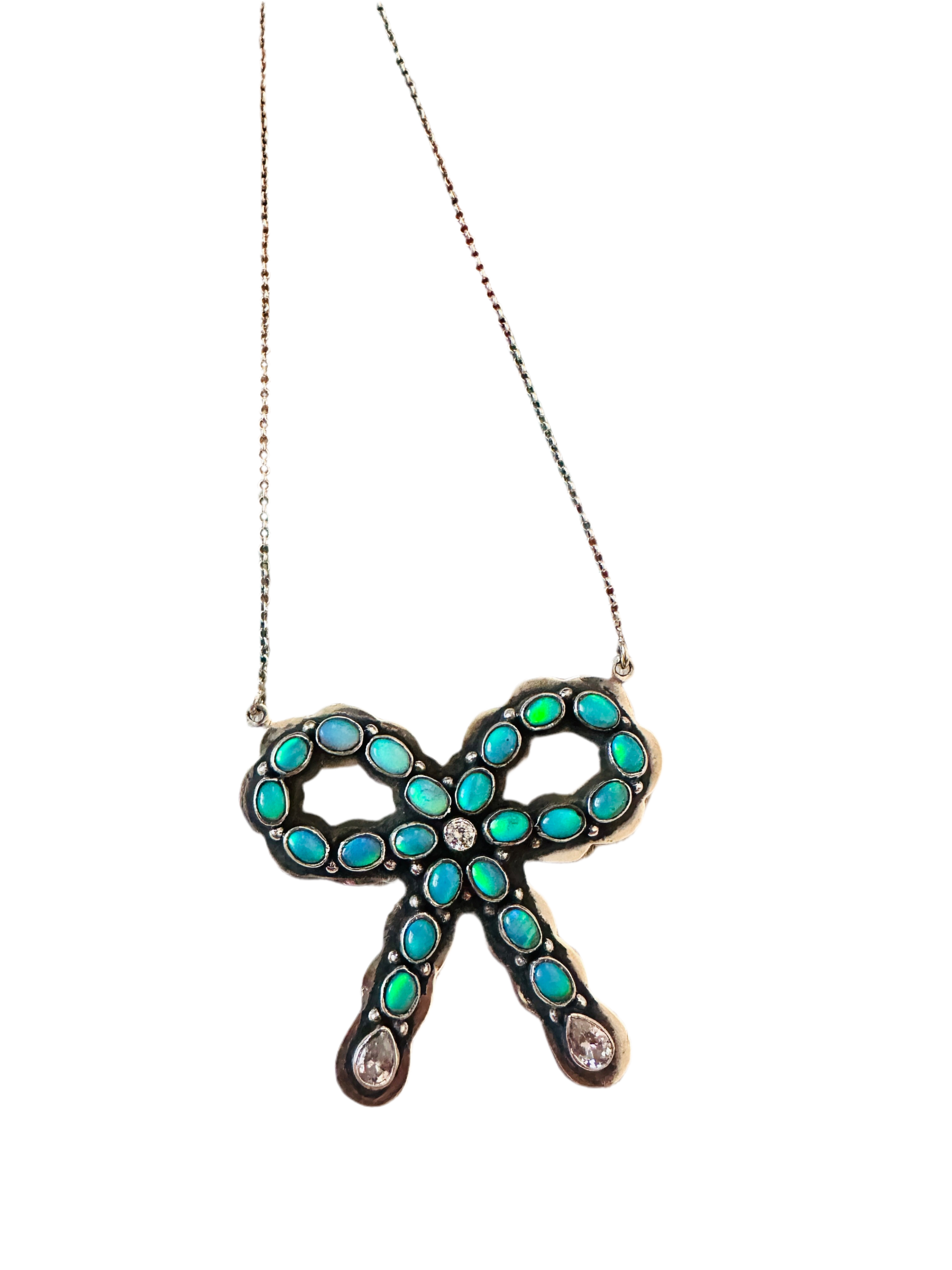 ** Christmas Collection ** Handmade Sterling Silver, Synthetic Opal & CZ Bow Necklace Signed Nizhoni