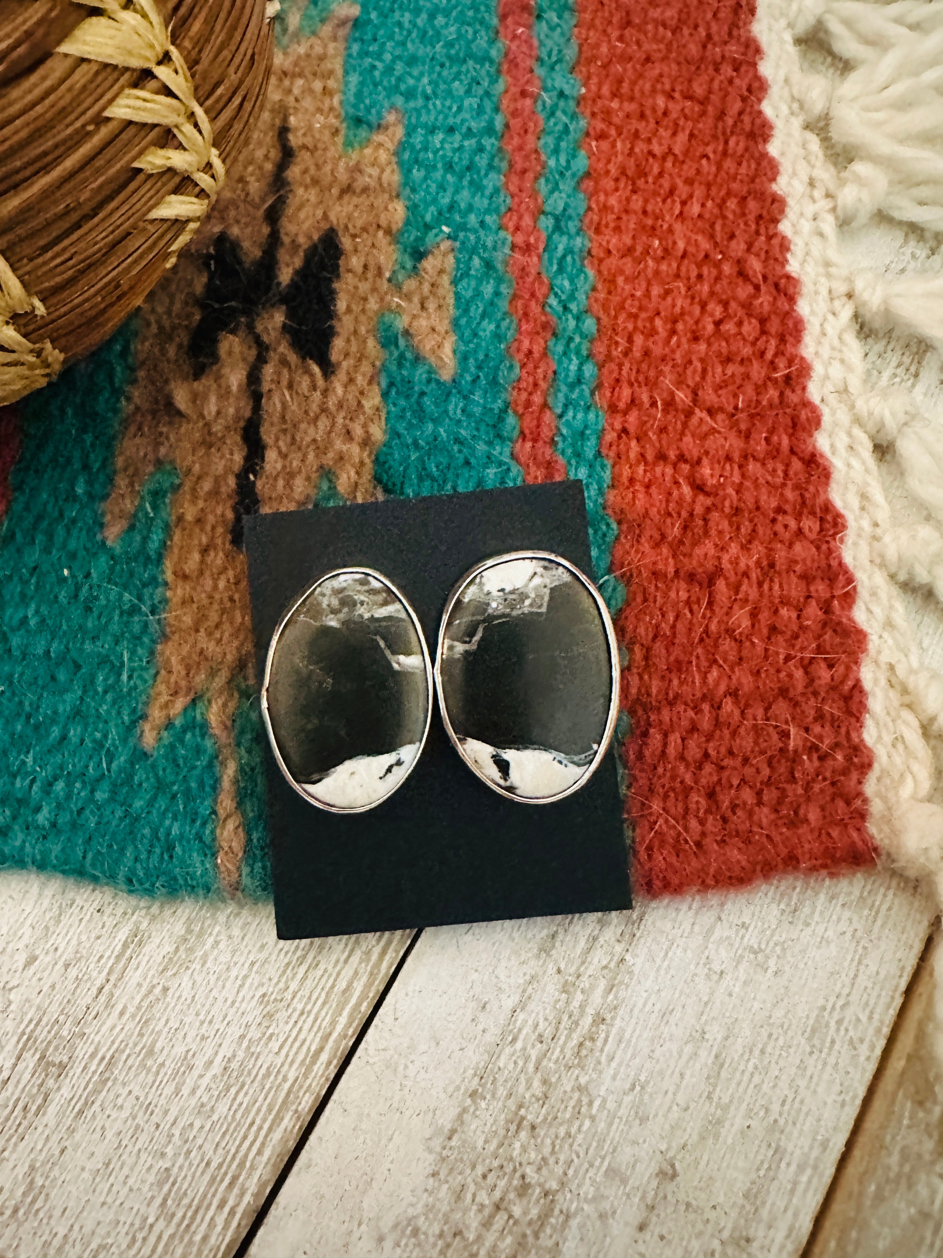 Navajo White Buffalo & Sterling Silver Post Earrings