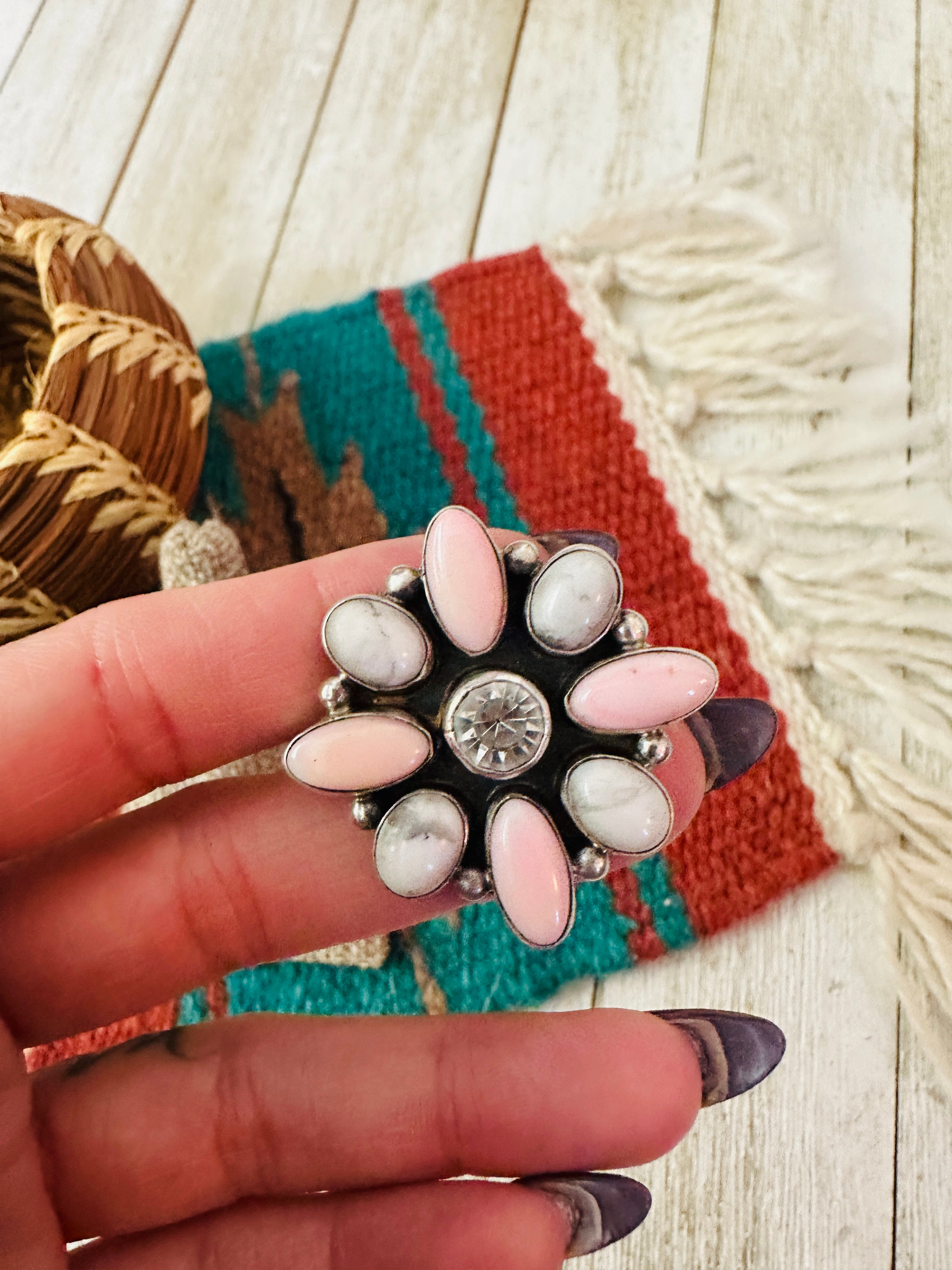 Handcrafted Queen Pink Conch, White Buffalo, CZ & Sterling Silver Adjustable Ring by Jacqueline Silver