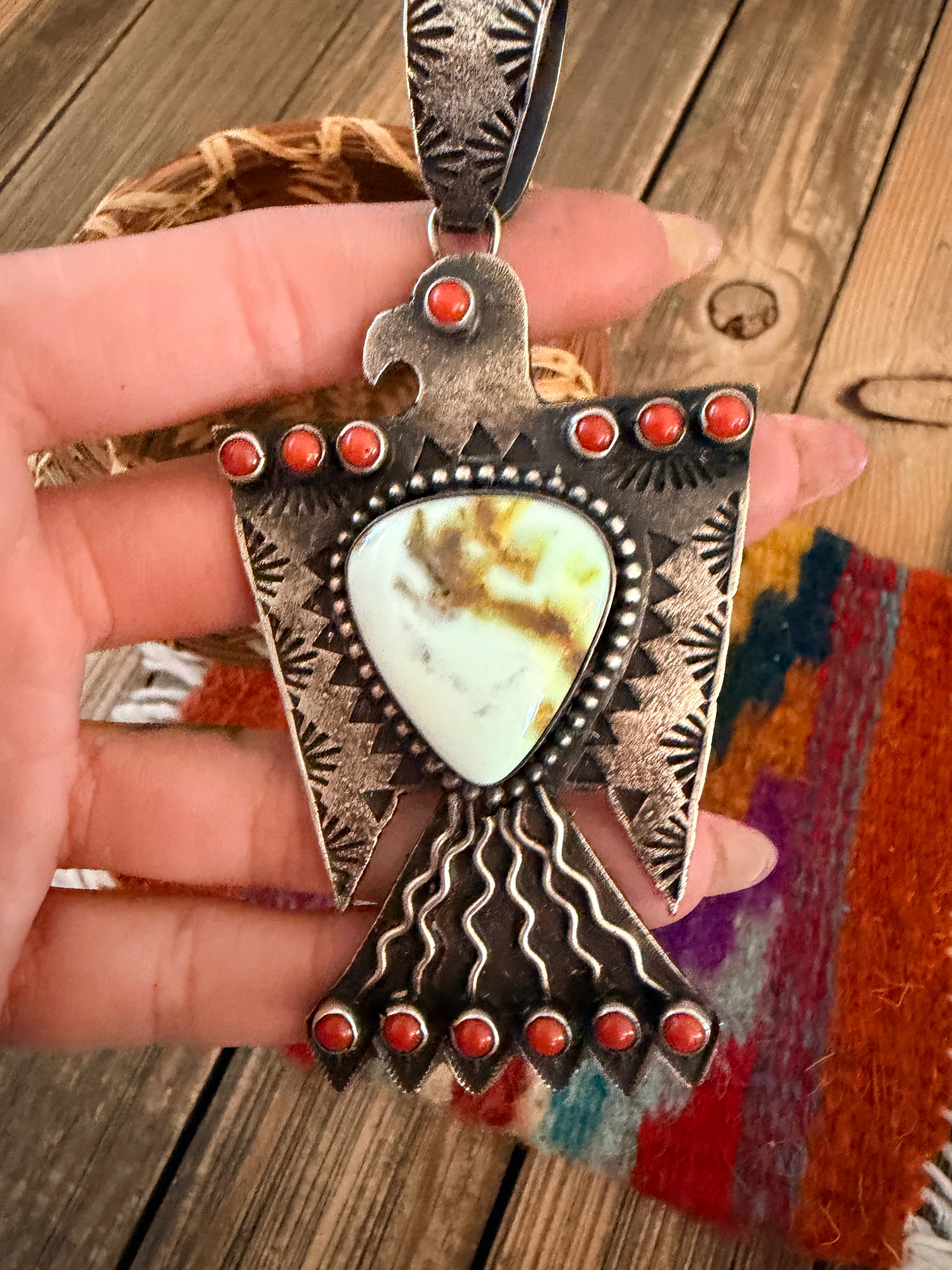 Handcrafted Sterling Silver, Turquoise & Coral Thunderbird Pendant by Shawn Cayatineto