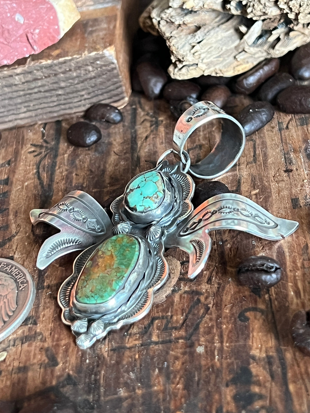 Sterling Silver and Turquoise Winged Bug Pendant by Kimari Somers