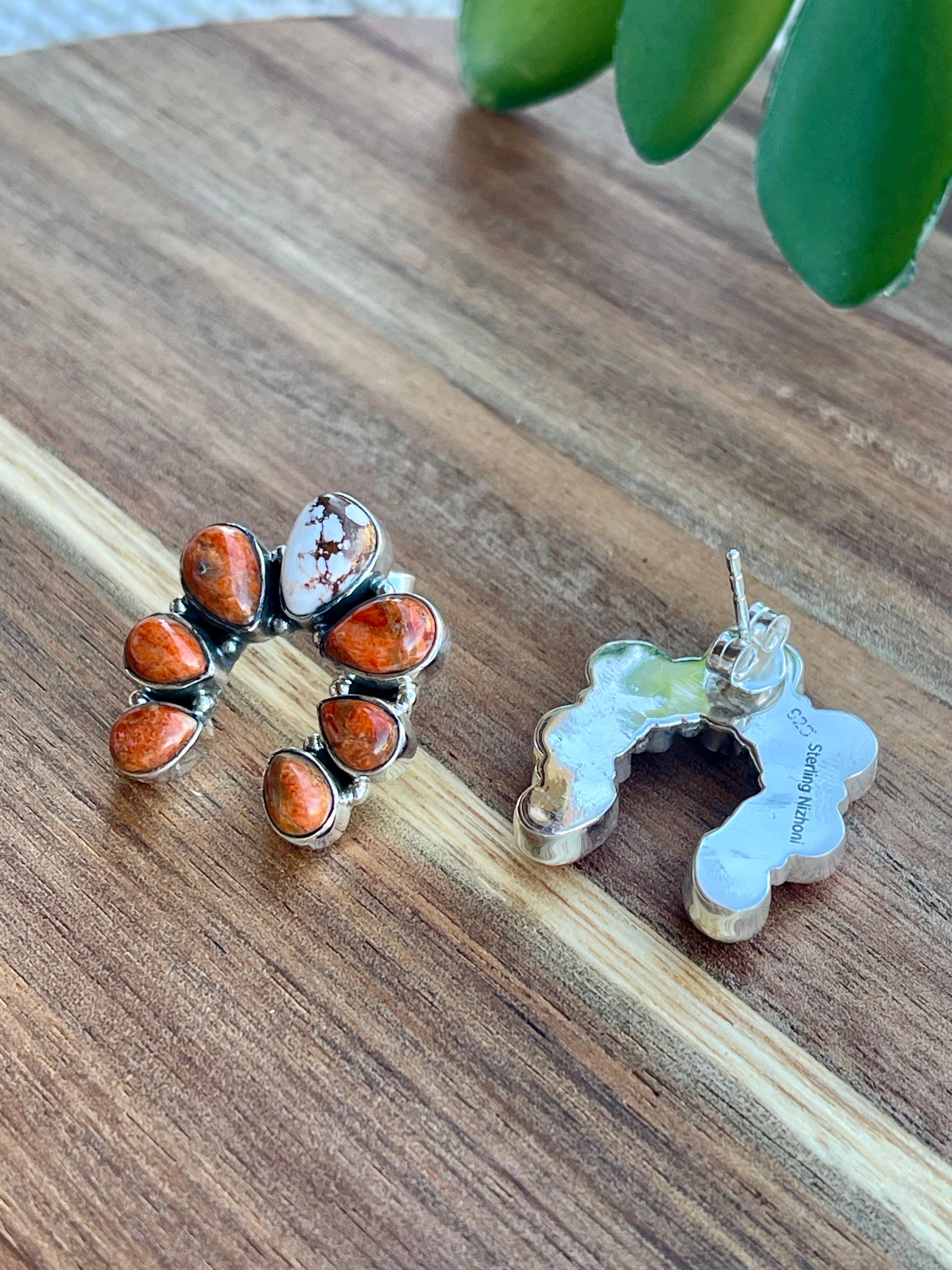 Handmade Wild Horse, Orange Mojave and Sterling Silver Post Naja Earrings Signed Nizhoni