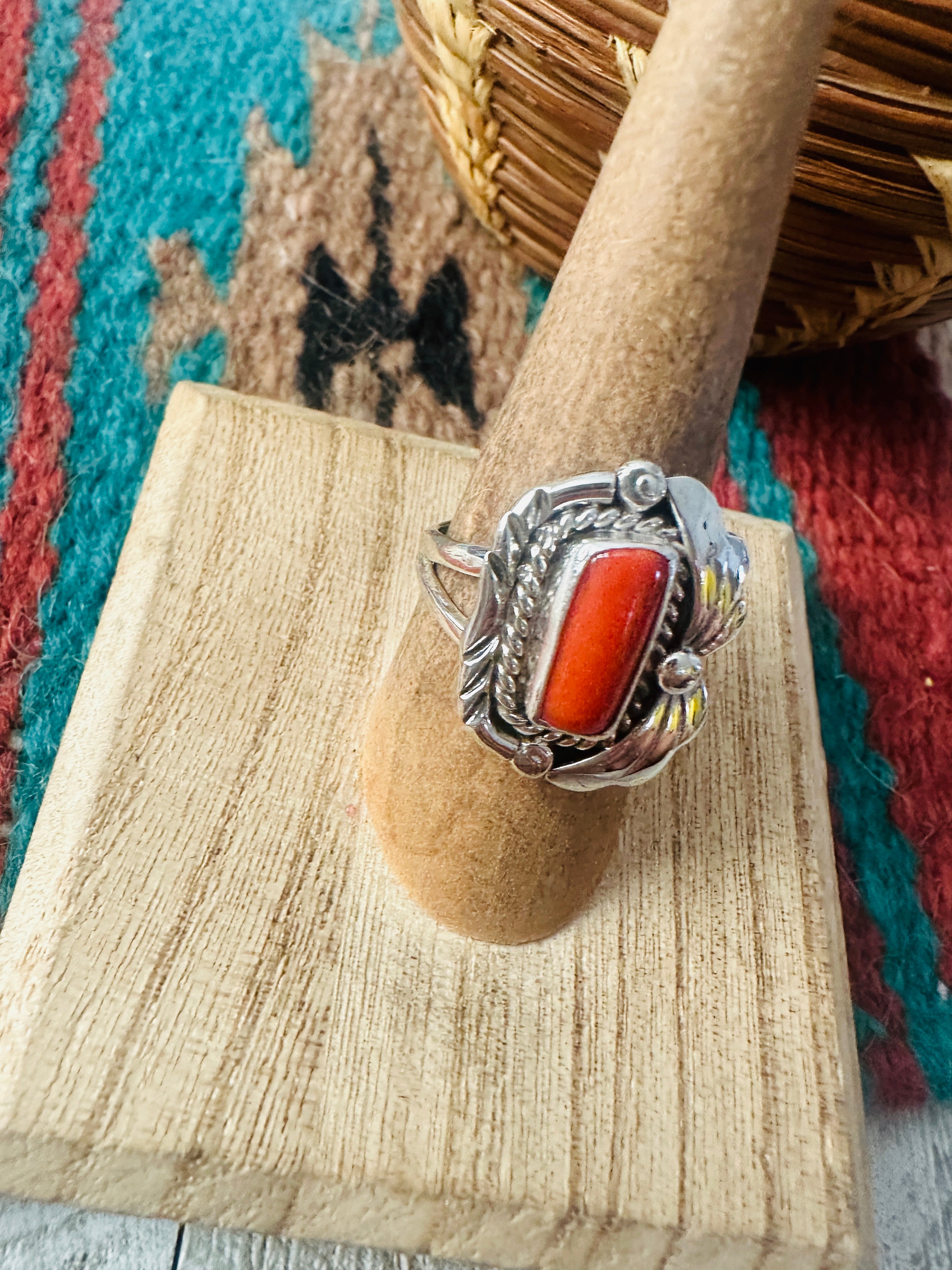 Navajo Coral & Sterling Silver Ring Size 7