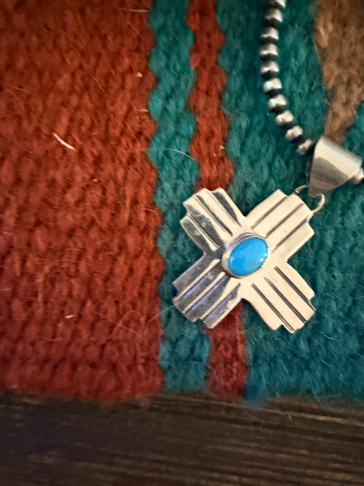 Old Pawn Handcrafted Inlay Turquoise & Sterling Silver Zia Cross Pendant