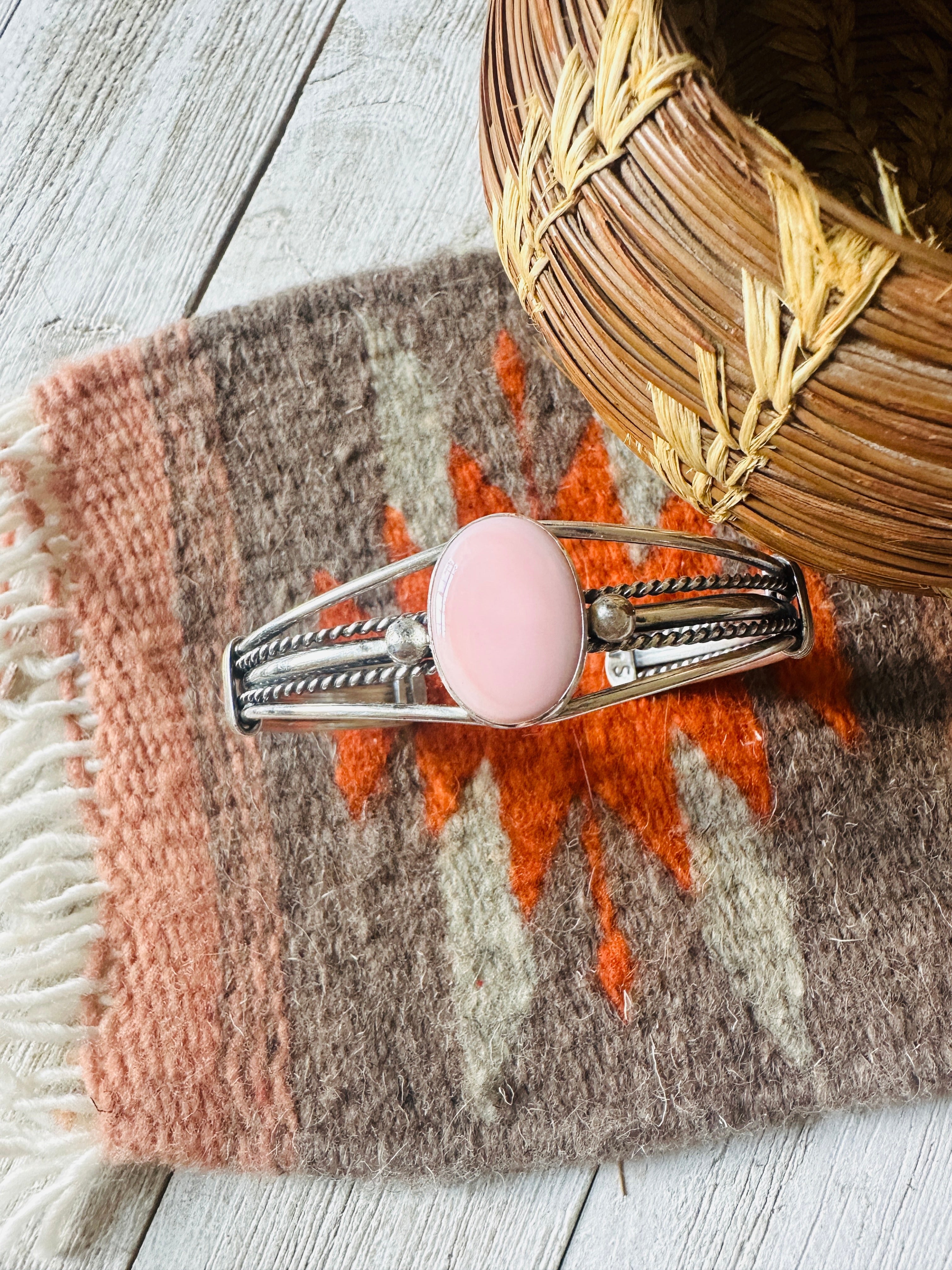 Navajo Queen Pink Conch Shell & Sterling Silver Cuff Bracelet