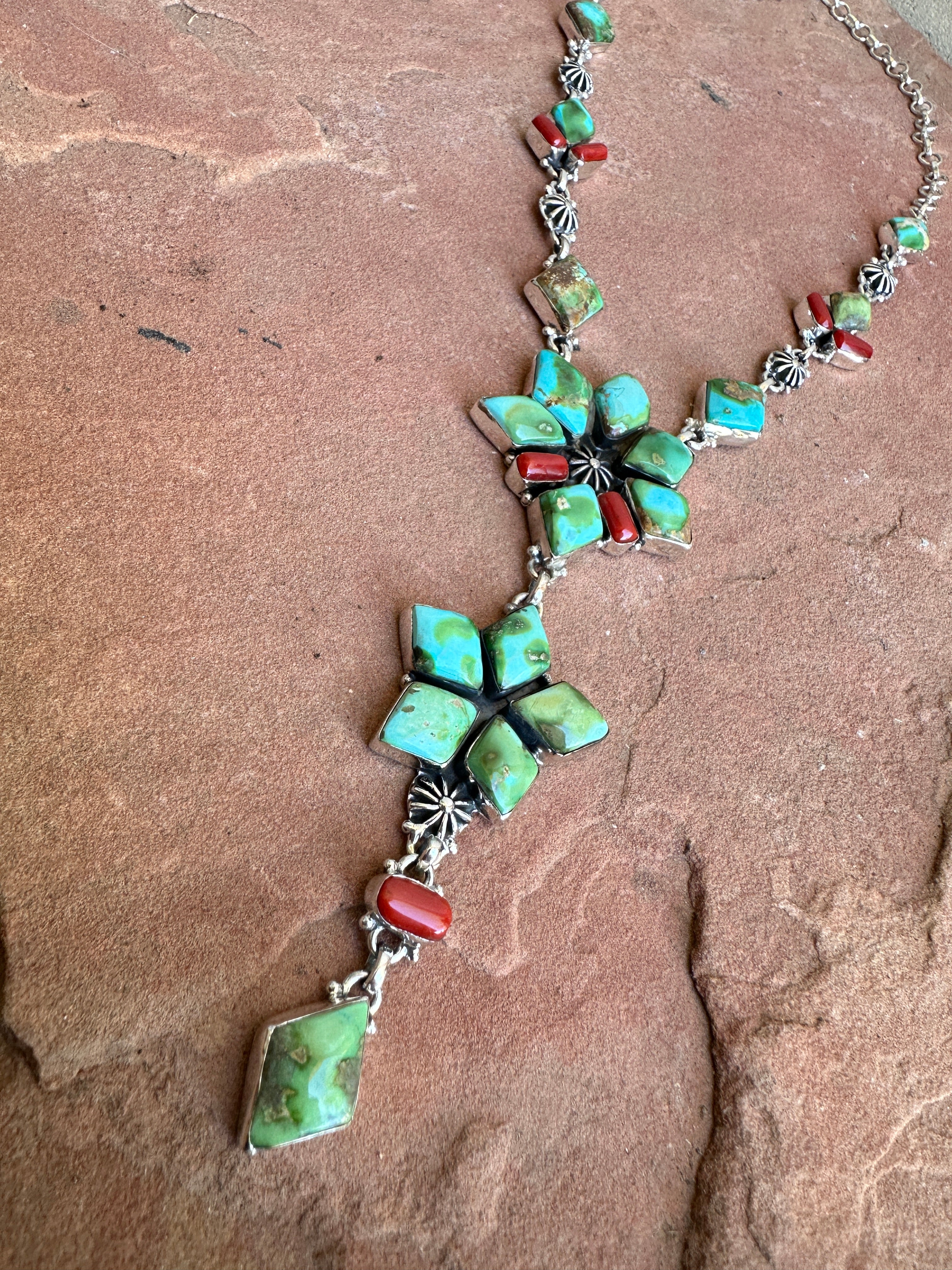 Beautiful Handmade Sterling Silver, Coral & Sonoran Turquoise Lariat Necklace Style B