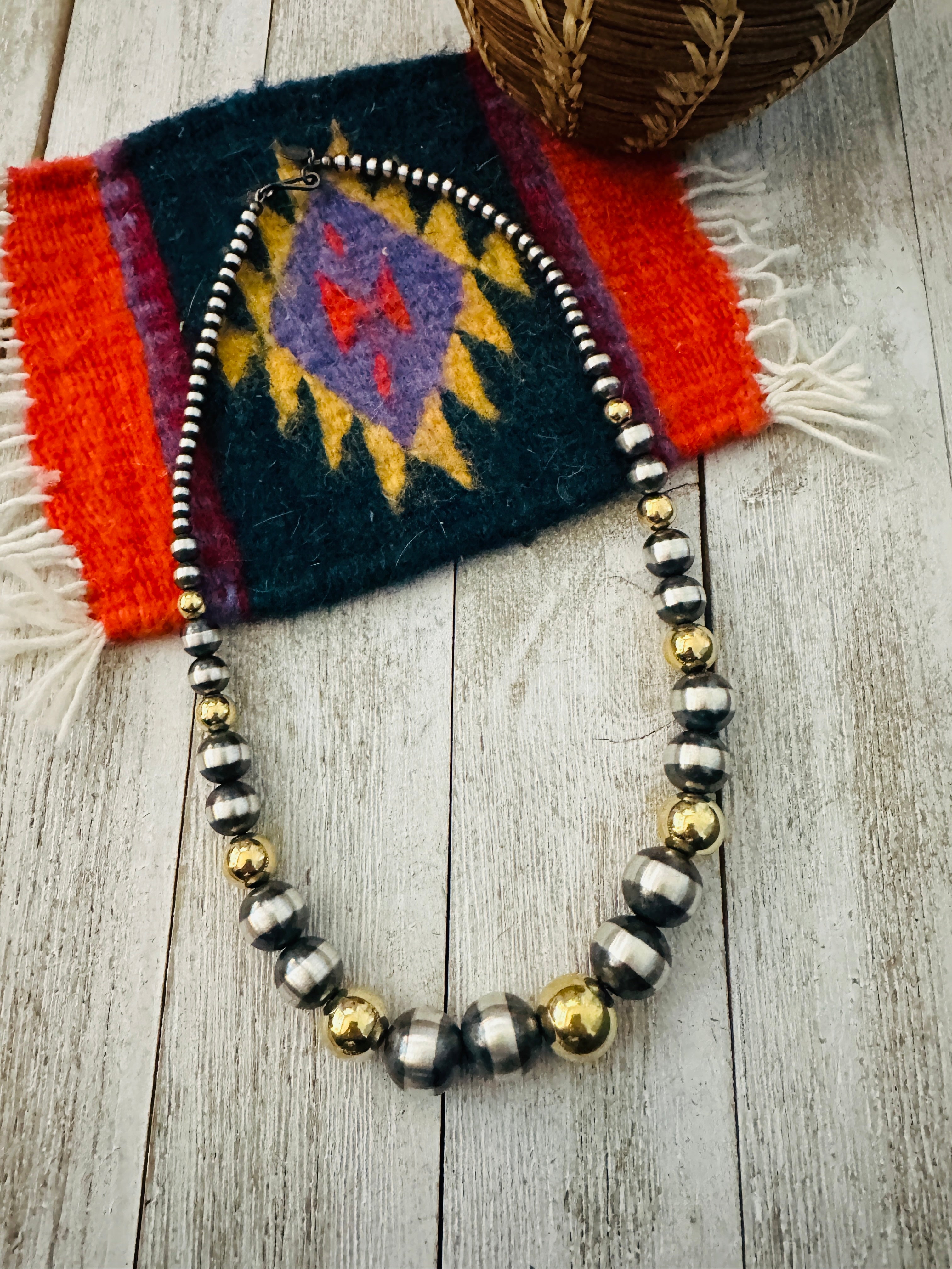 Navajo Sterling Silver & Gold Beaded 18” Necklace