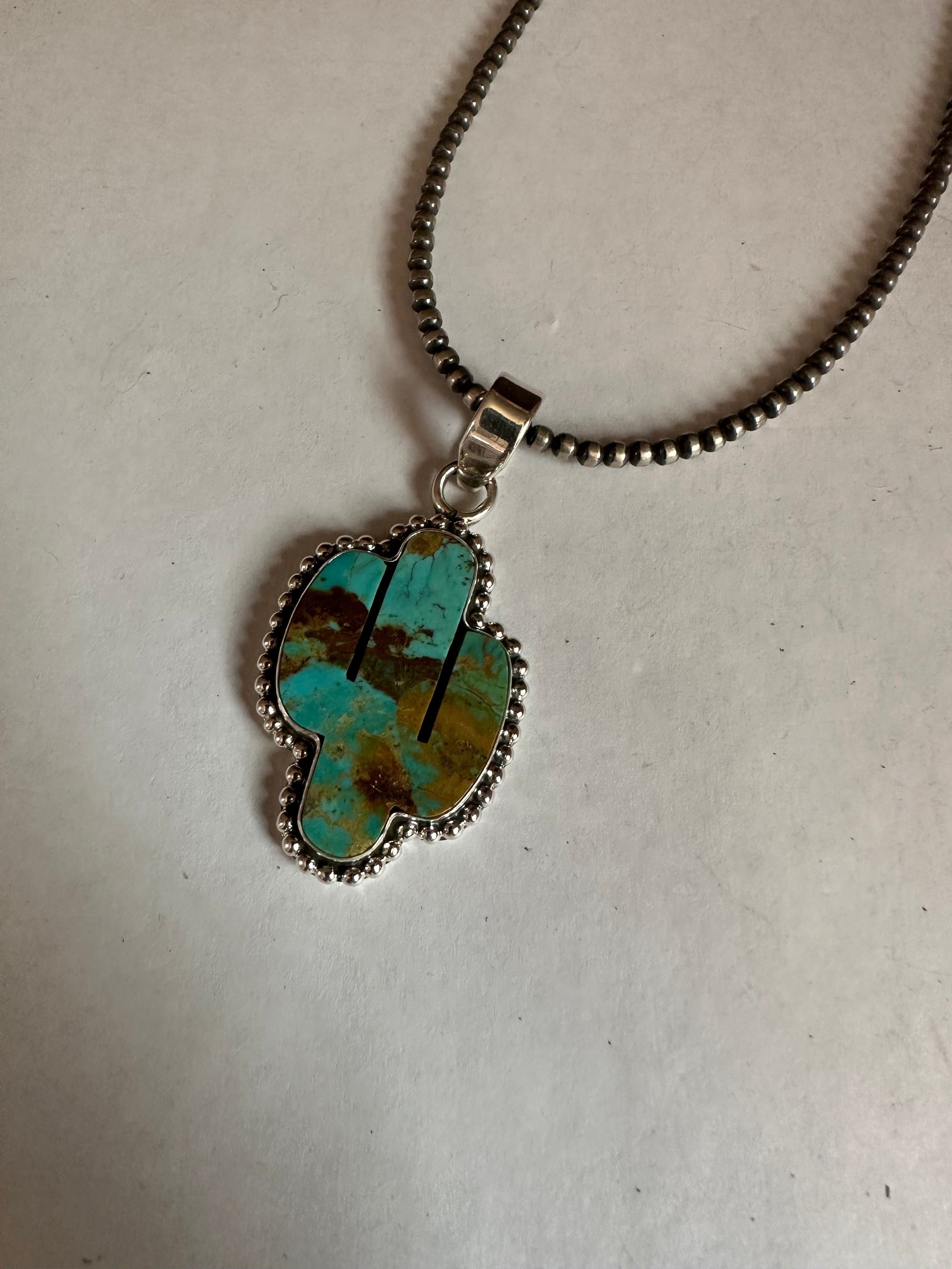 Handmade Sterling Silver Turquoise Saguaro Cactus Pendant