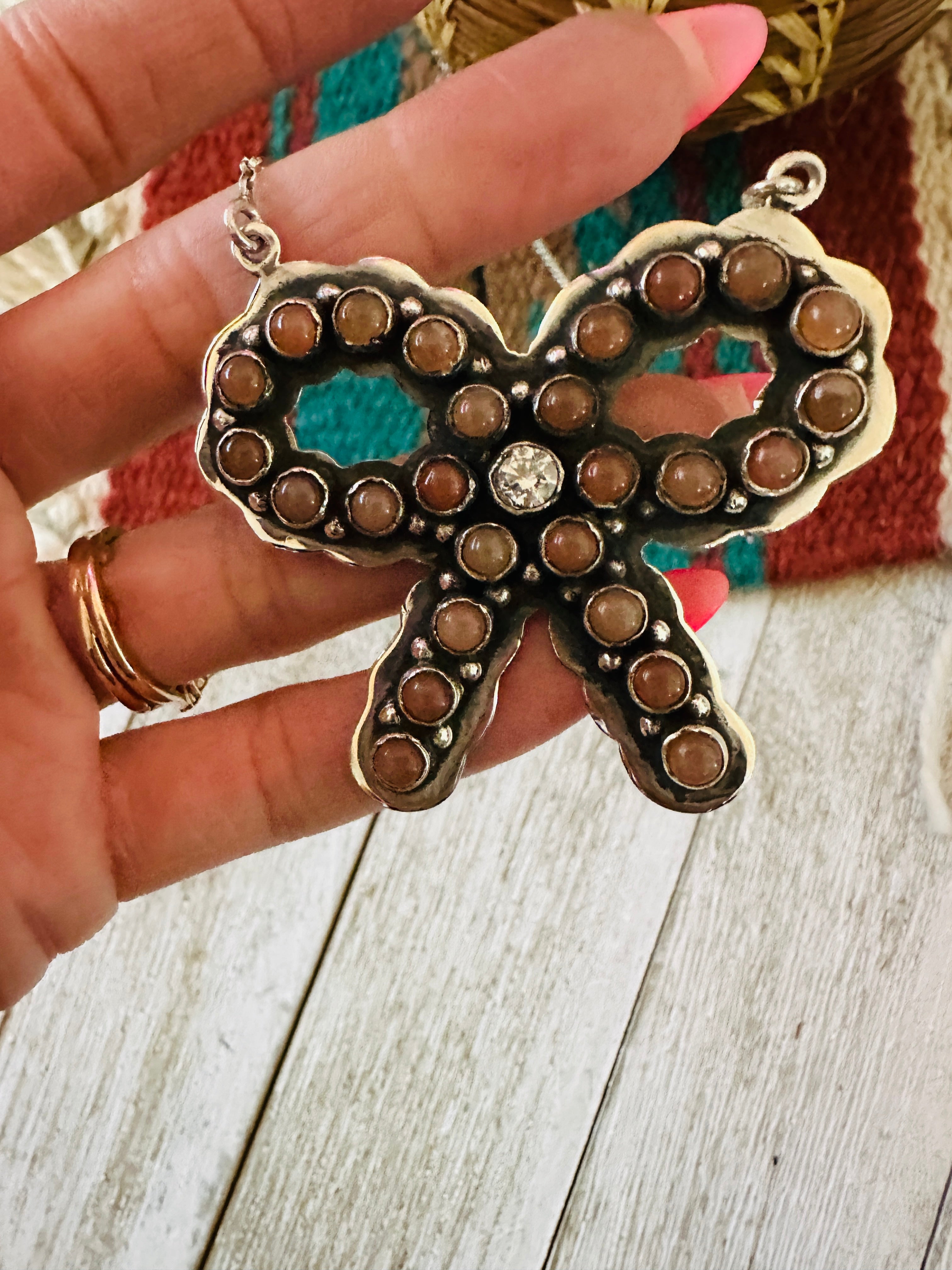 ** Christmas Collection ** Handmade Sterling Silver, Mother of Pearl & CZ Bow Necklace Signed Nizhoni