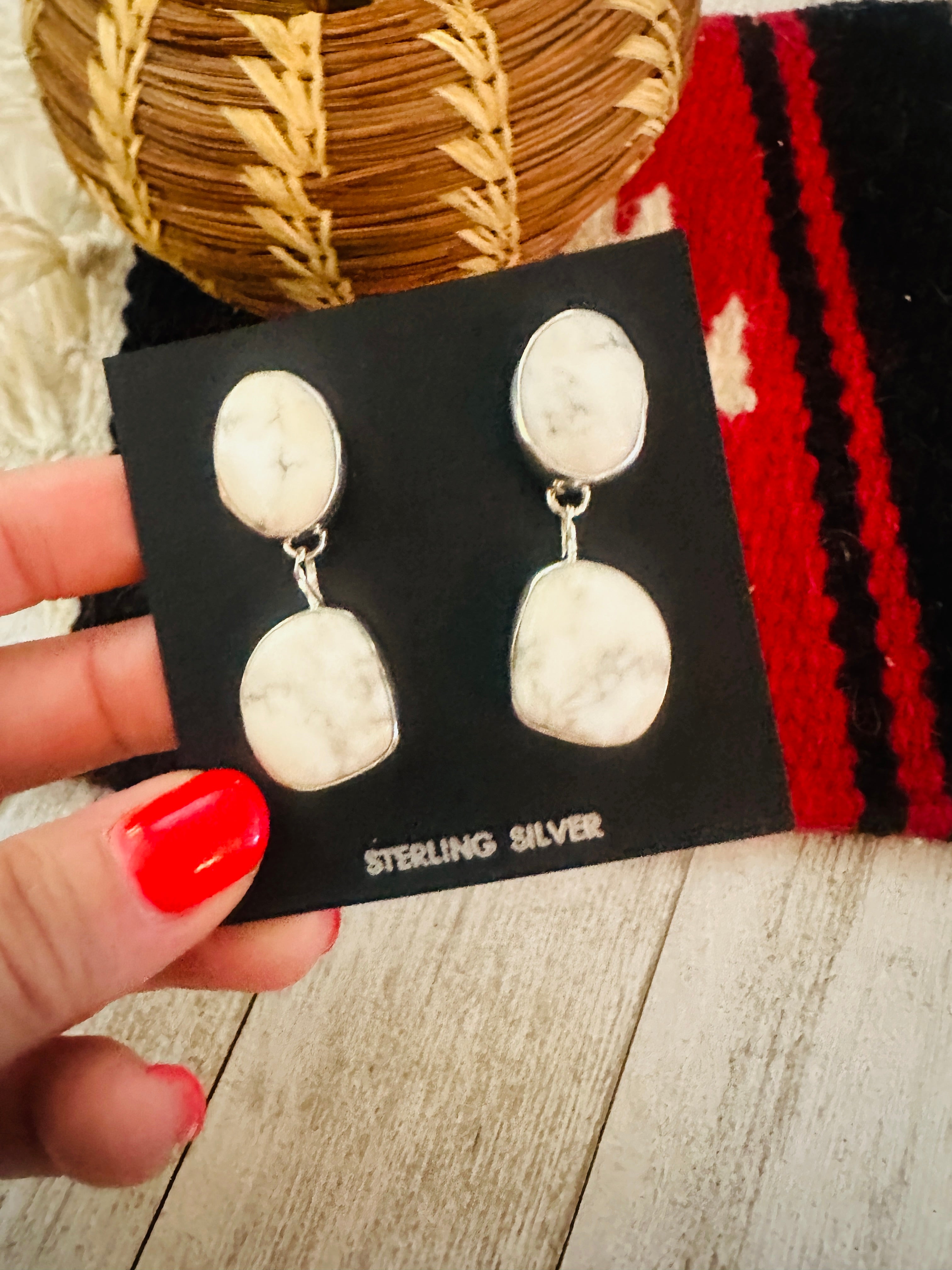 Navajo White Buffalo and Sterling Silver Dangle Earrings