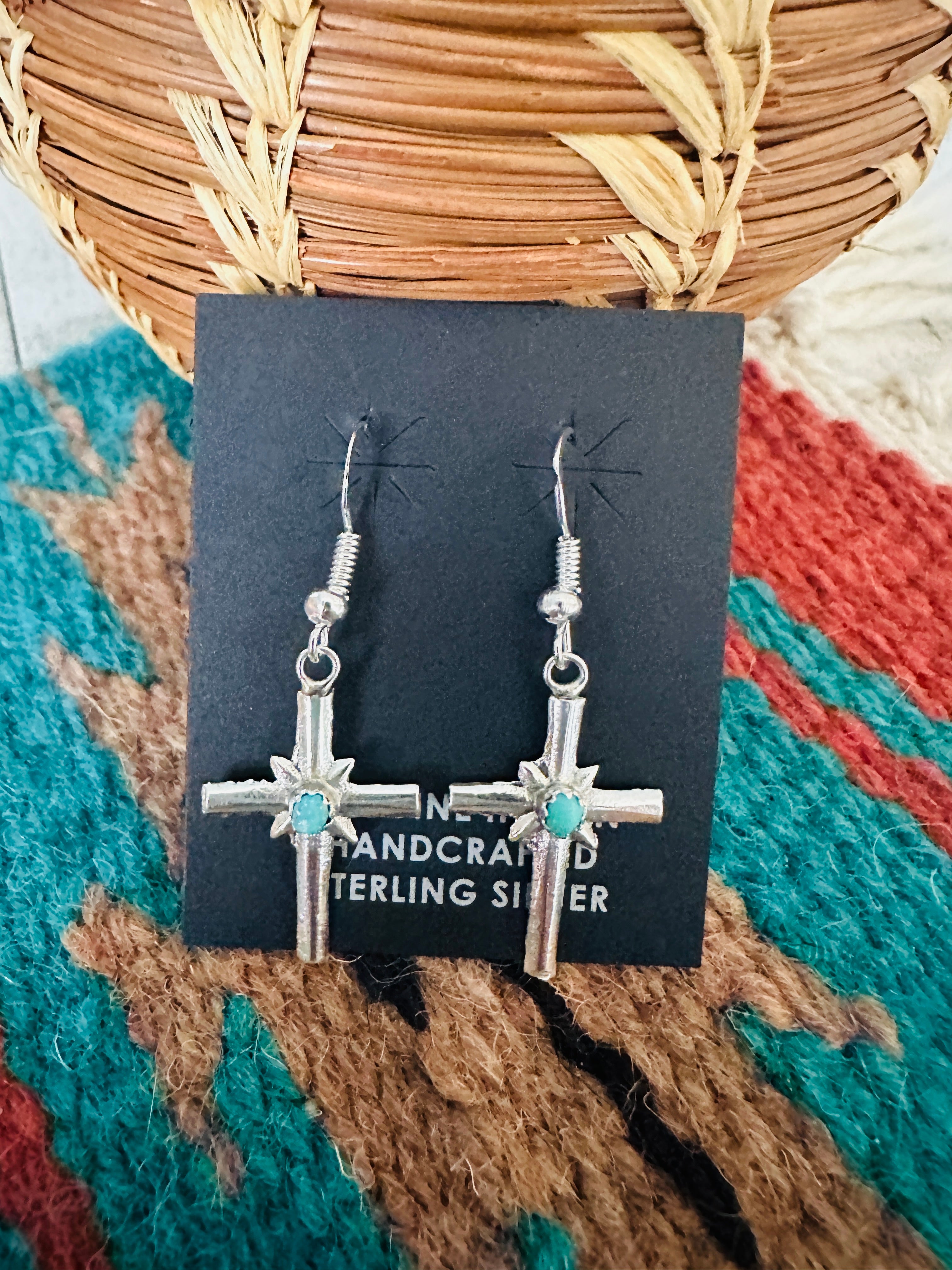 Navajo Sterling Silver & Turquoise Cross Dangle Earrings